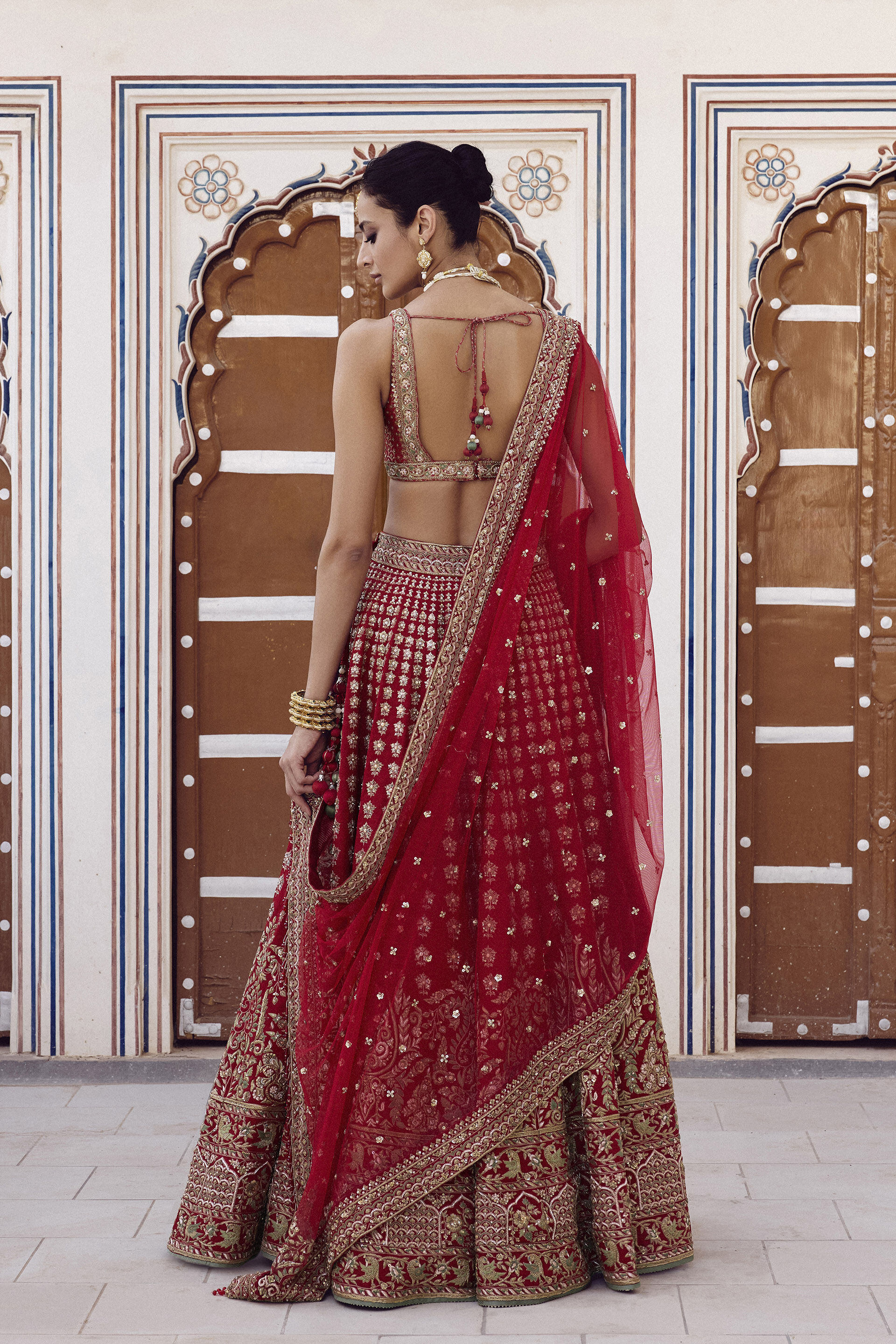 Indian Red Zardozi Embroidered Silk Bridal Lehenga (3-Piece) - Image 3