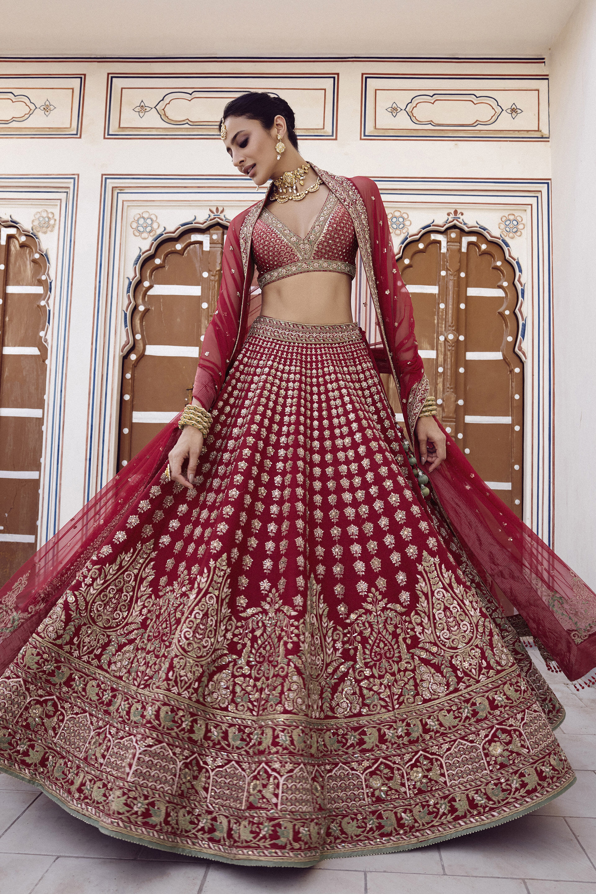 Indian Red Zardozi Embroidered Silk Bridal Lehenga (3-Piece) - Image 4