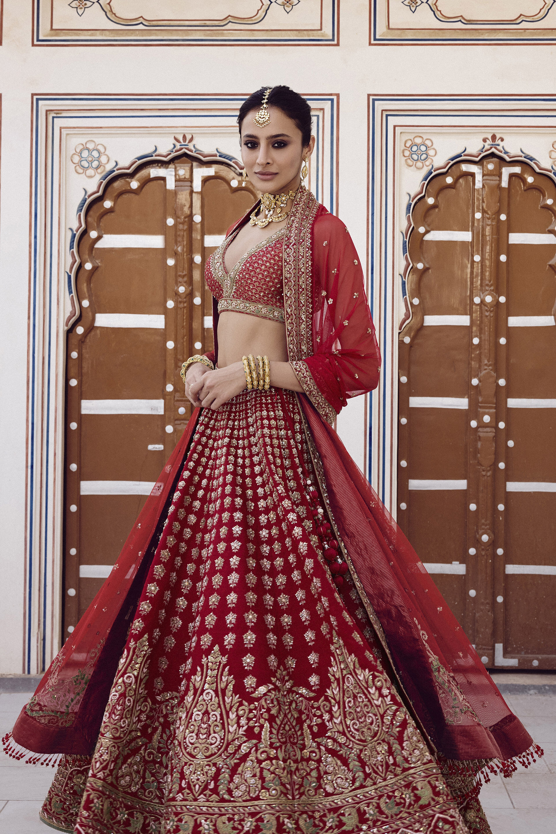 Indian Red Zardozi Embroidered Silk Bridal Lehenga (3-Piece) - Image 5