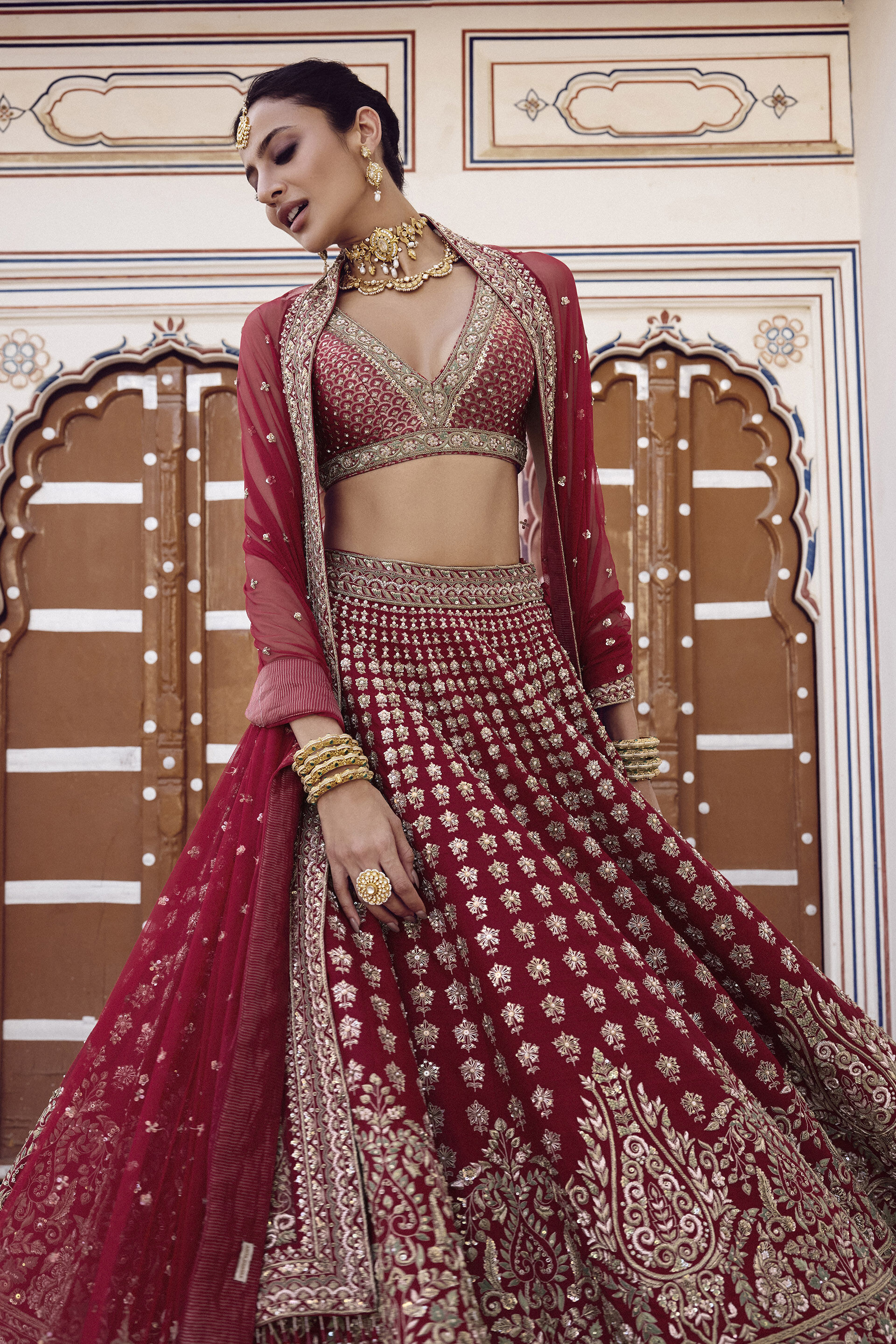 Indian Red Zardozi Embroidered Silk Bridal Lehenga (3-Piece) - Image 6