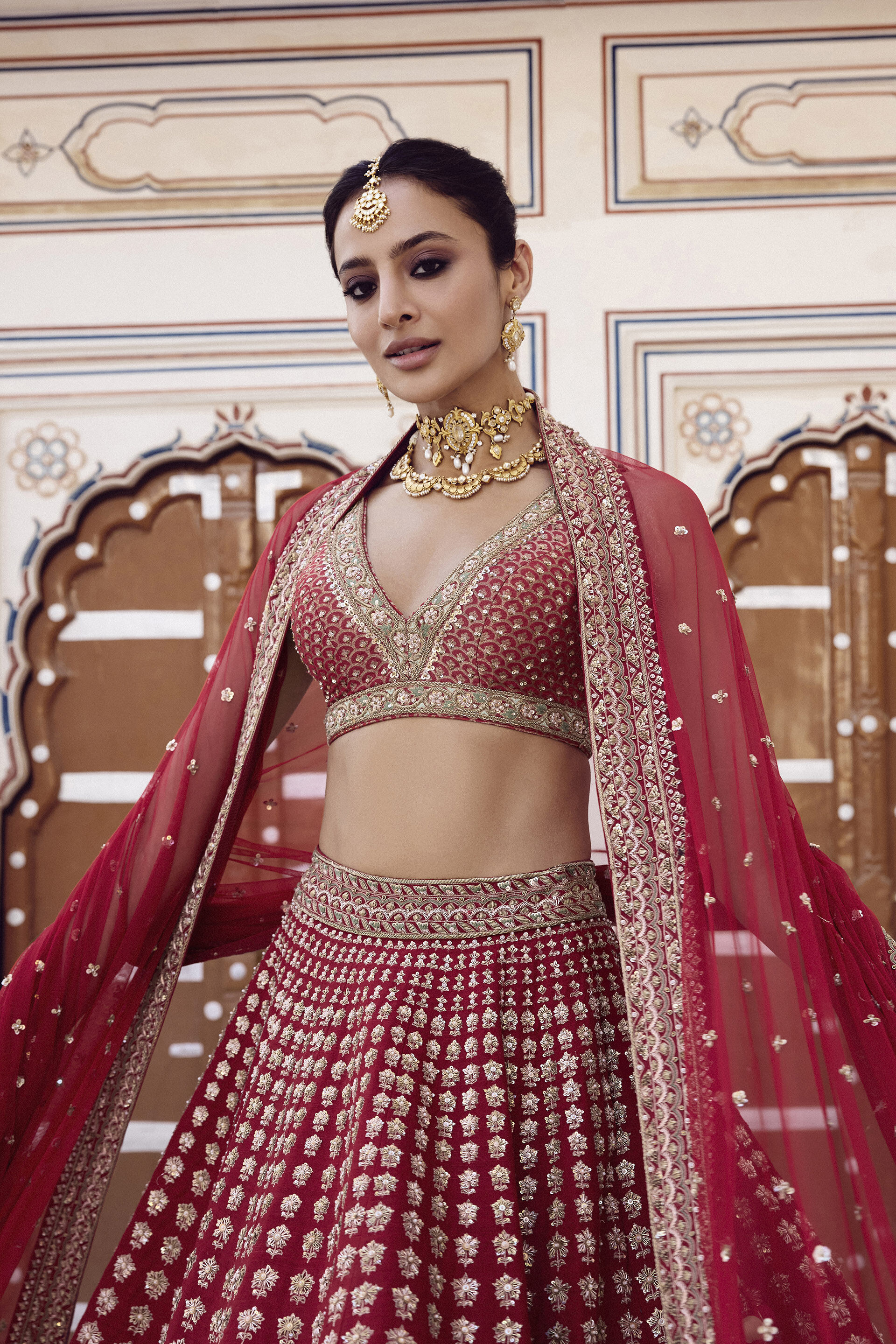 Indian Red Zardozi Embroidered Silk Bridal Lehenga (3-Piece) - Image 7