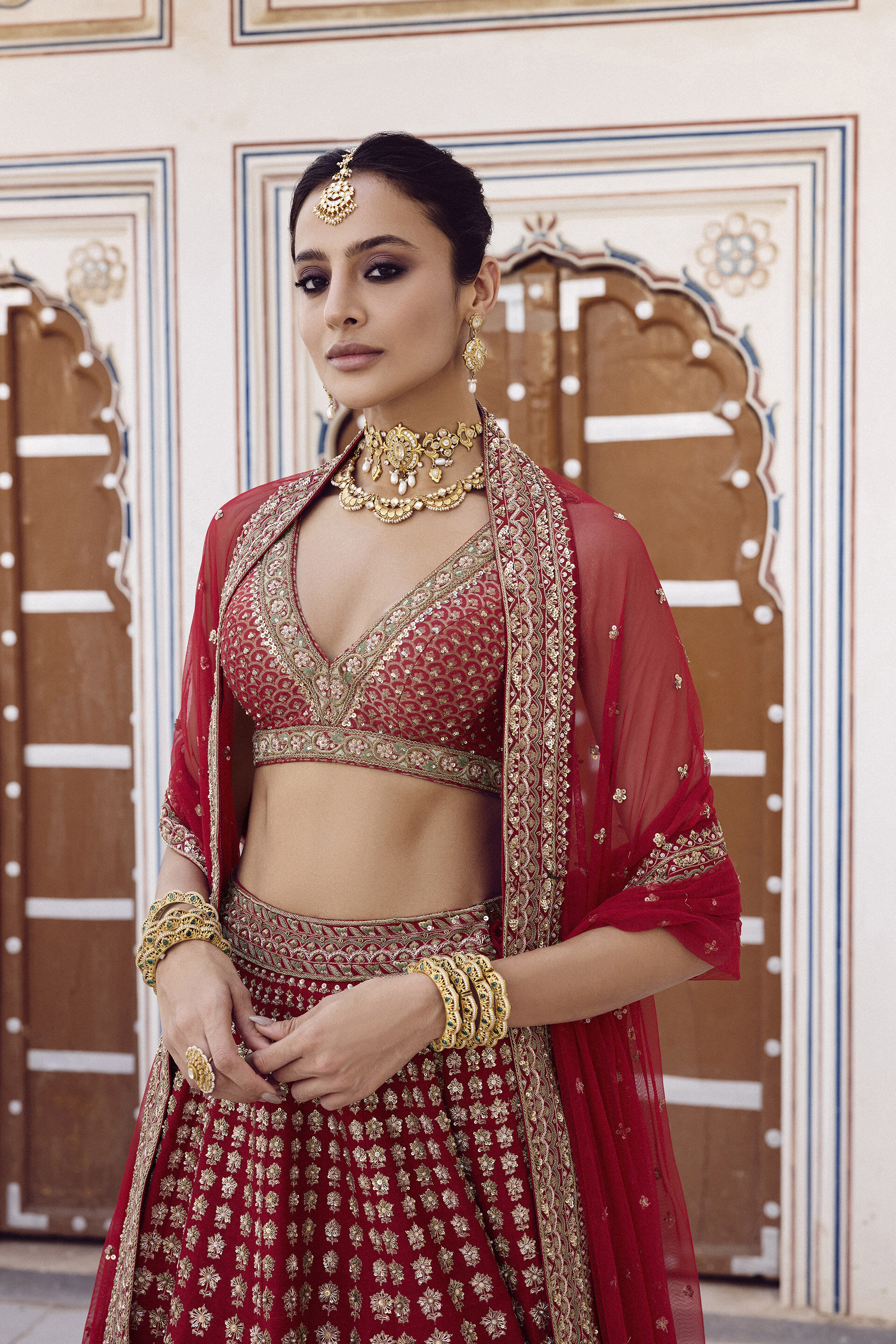 Indian Red Zardozi Embroidered Silk Bridal Lehenga (3-Piece) - Image 8