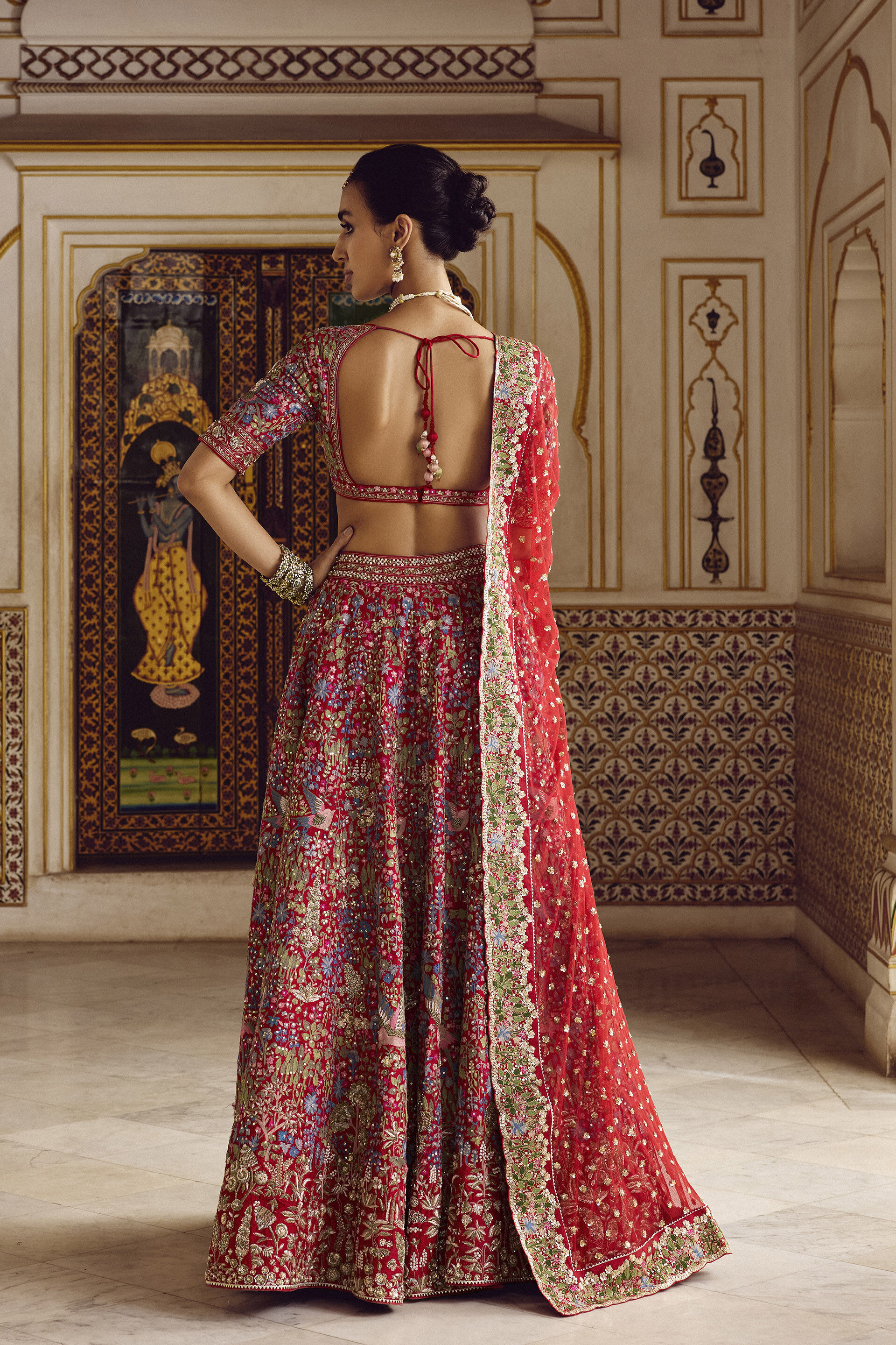 Red Zardozi Zari Silk Bridal Lehenga (3-Piece) - Image 3
