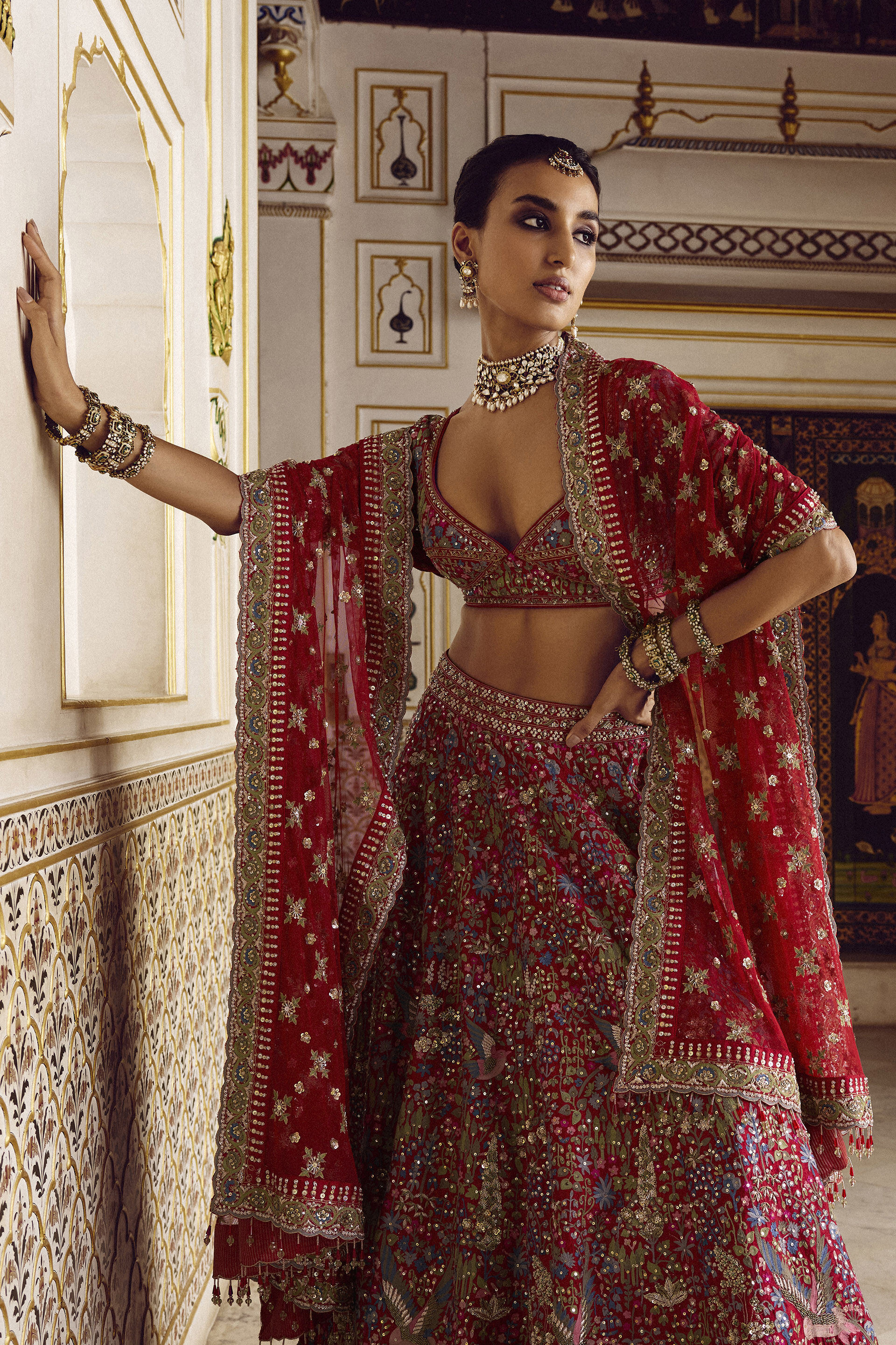 Red Zardozi Zari Silk Bridal Lehenga (3-Piece) - Image 5
