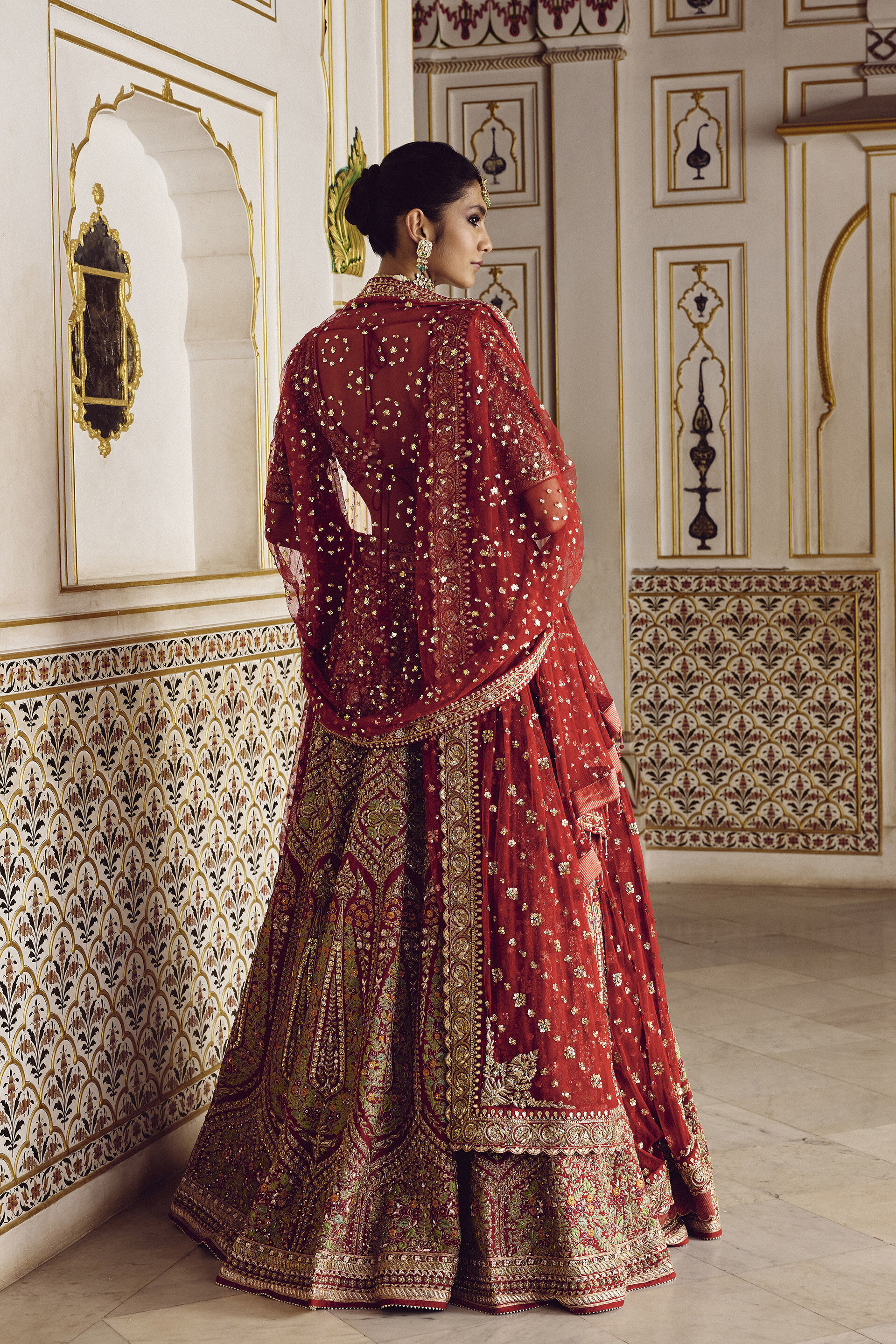 Red Zardozi Zari Silk Bridal Lehenga (3-Piece) - Image 2