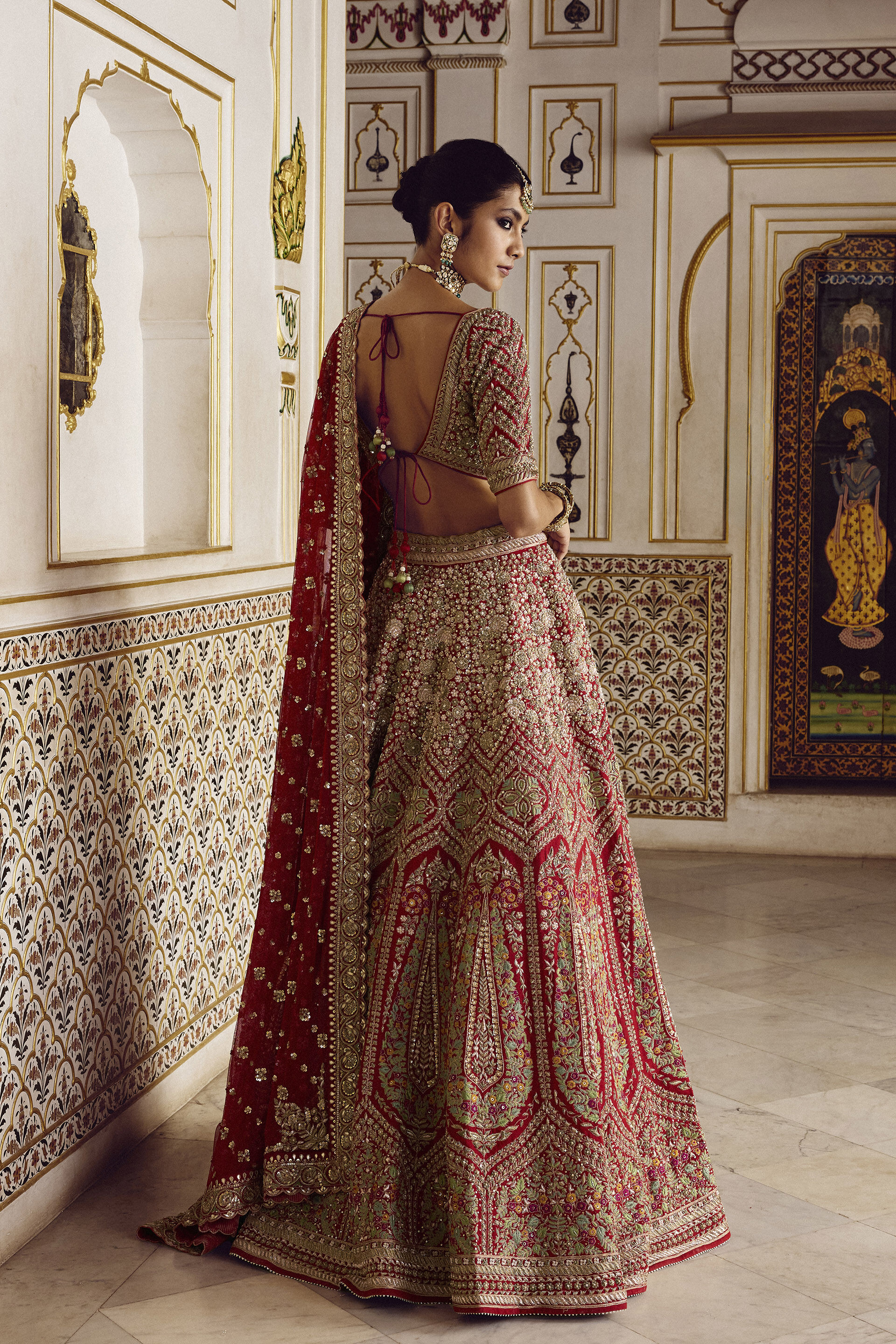 Red Zardozi Zari Silk Bridal Lehenga (3-Piece) - Image 3