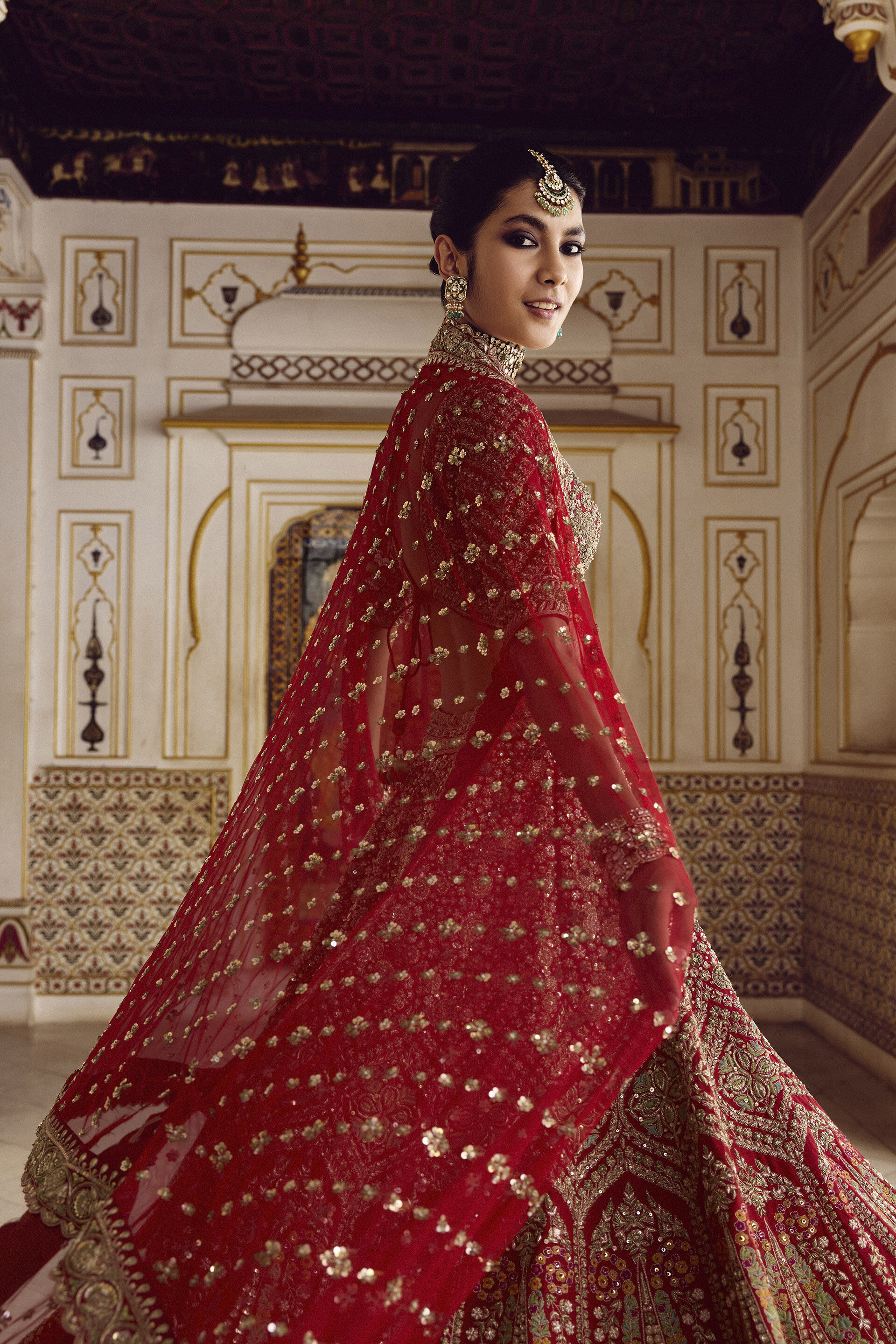 Red Zardozi Zari Silk Bridal Lehenga (3-Piece) - Image 4