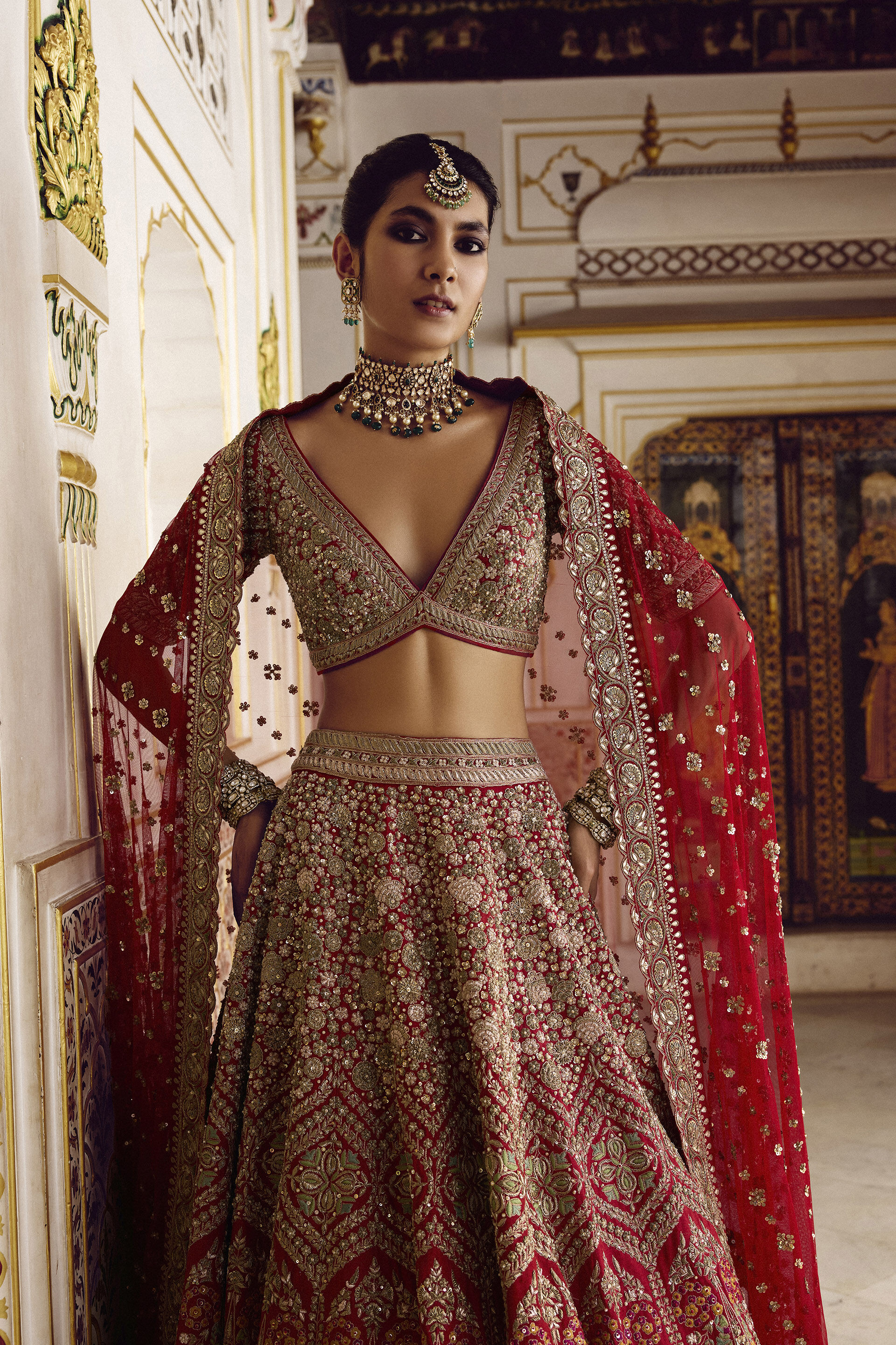 Red Zardozi Zari Silk Bridal Lehenga (3-Piece) - Image 5