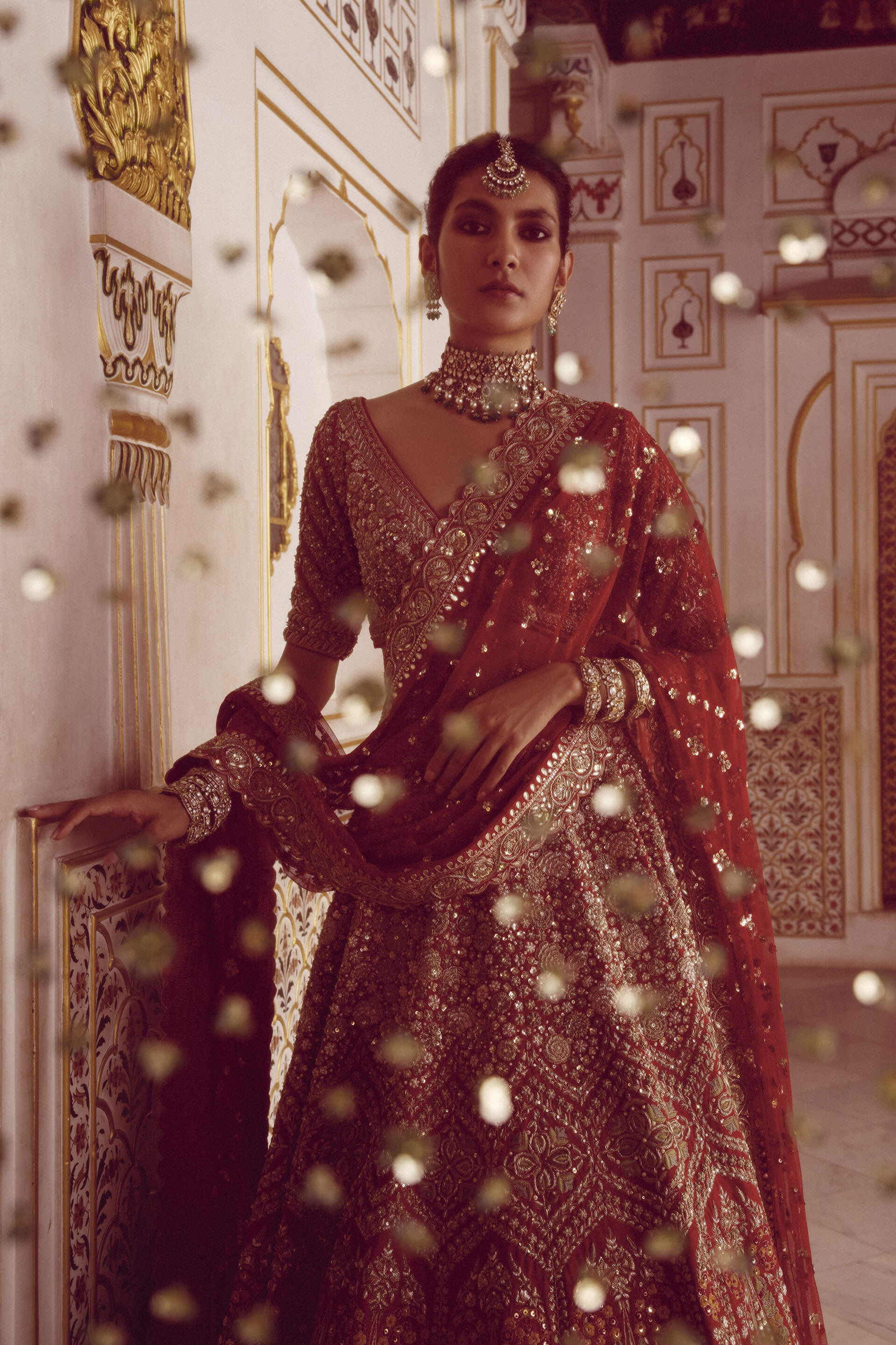 Red Zardozi Zari Silk Bridal Lehenga (3-Piece) - Image 7