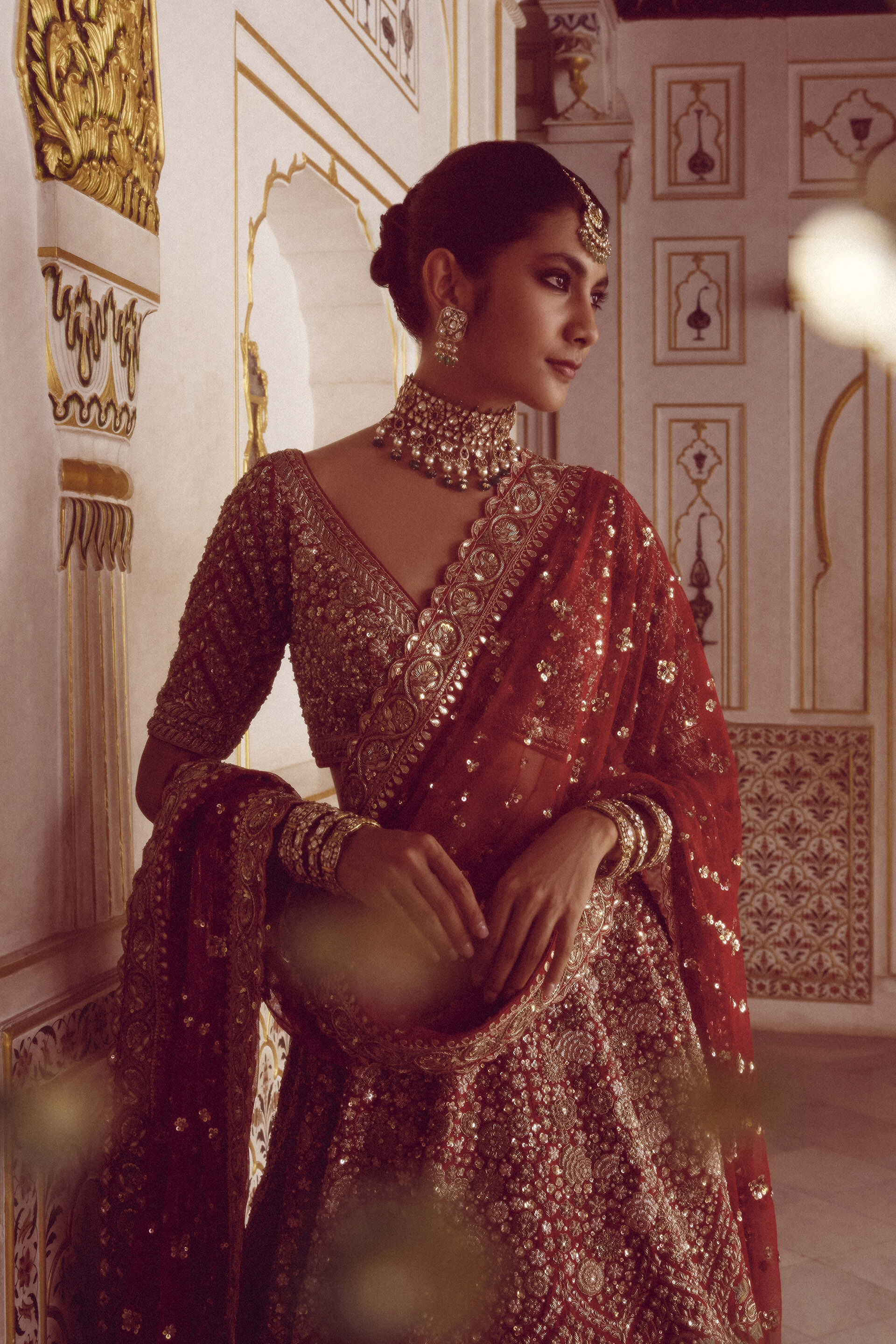 Red Zardozi Zari Silk Bridal Lehenga (3-Piece) - Image 8