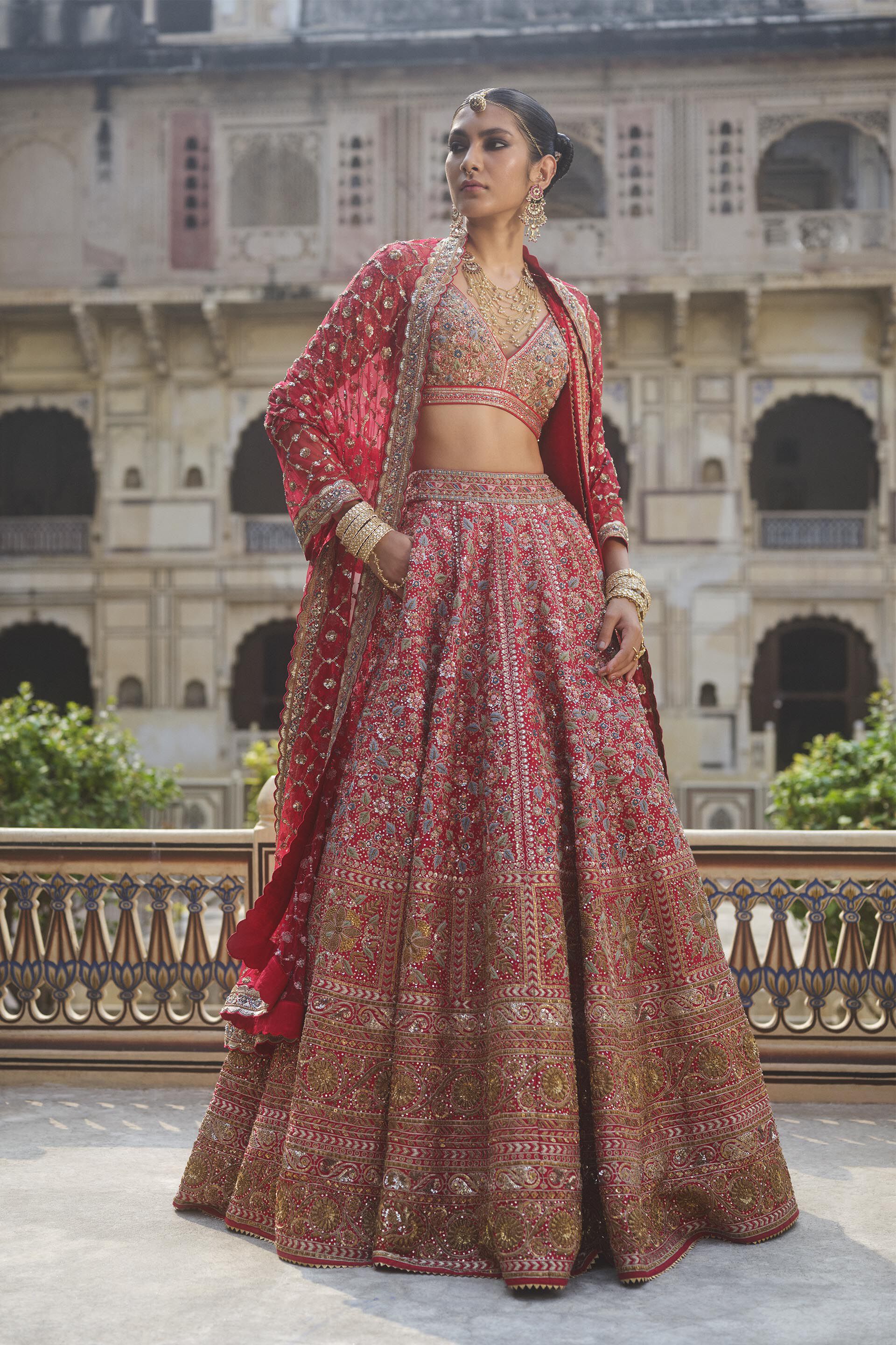 Indian Red Zardozi Embroidered Silk Bridal Lehenga (3-Piece) - Image 1