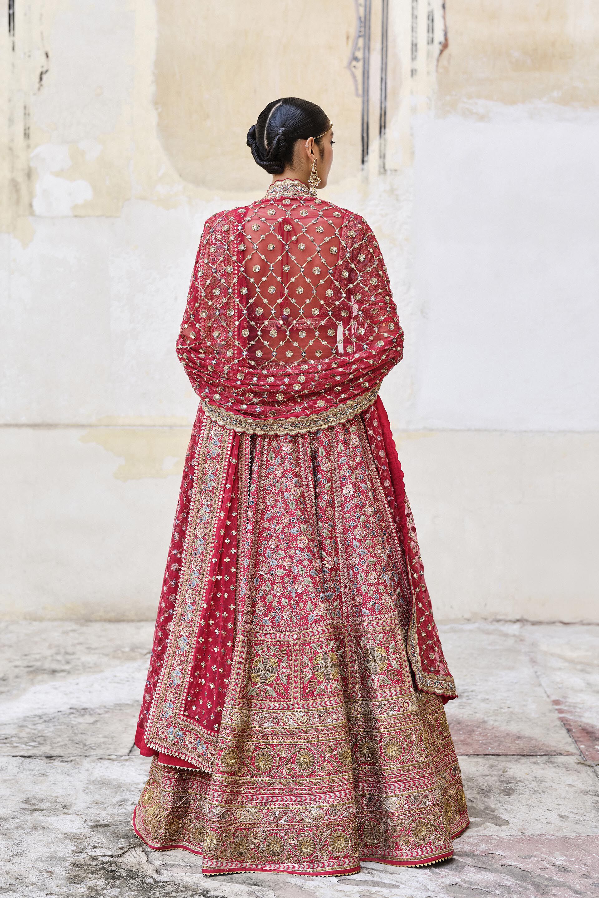 Indian Red Zardozi Embroidered Silk Bridal Lehenga (3-Piece) - Image 2