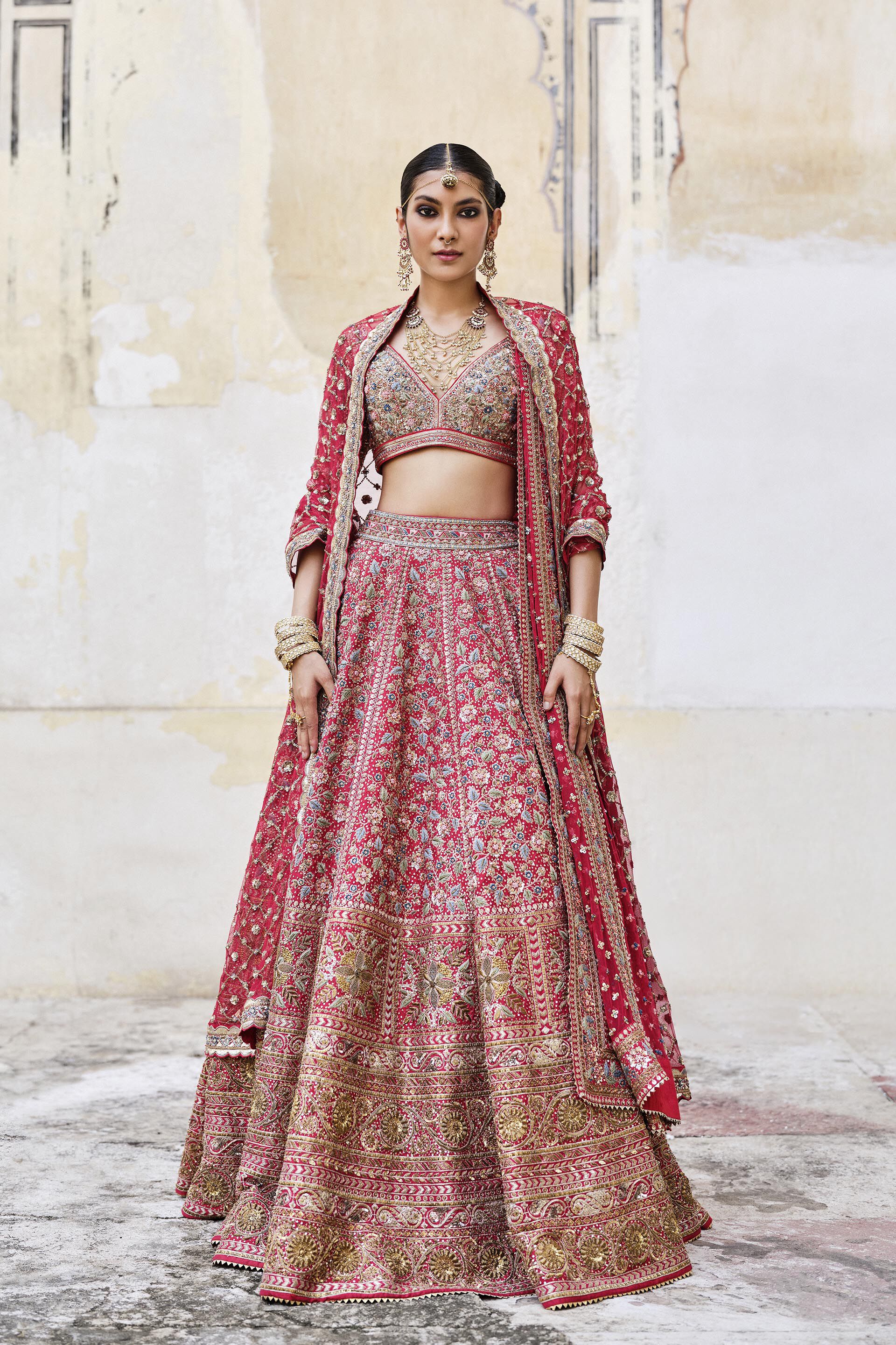 Indian Red Zardozi Embroidered Silk Bridal Lehenga (3-Piece) - Image 3