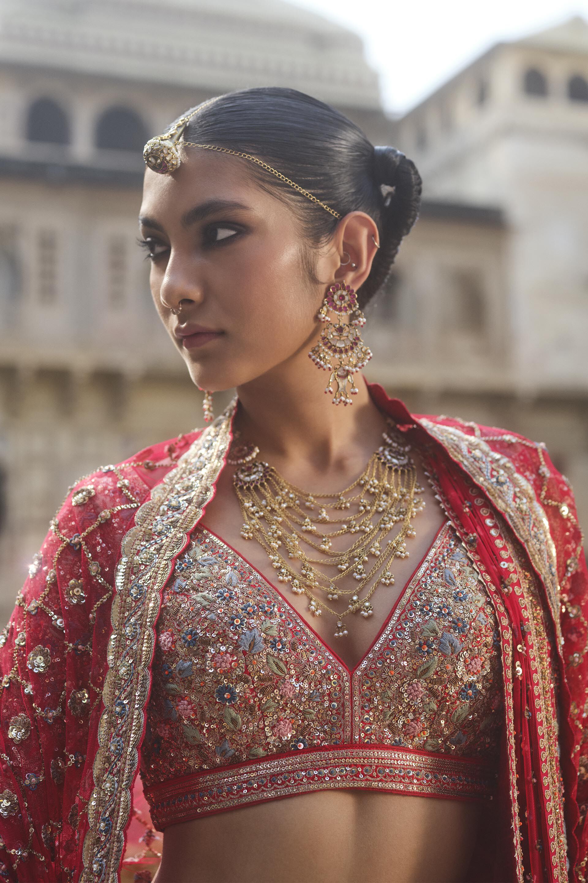 Indian Red Zardozi Embroidered Silk Bridal Lehenga (3-Piece) - Image 4