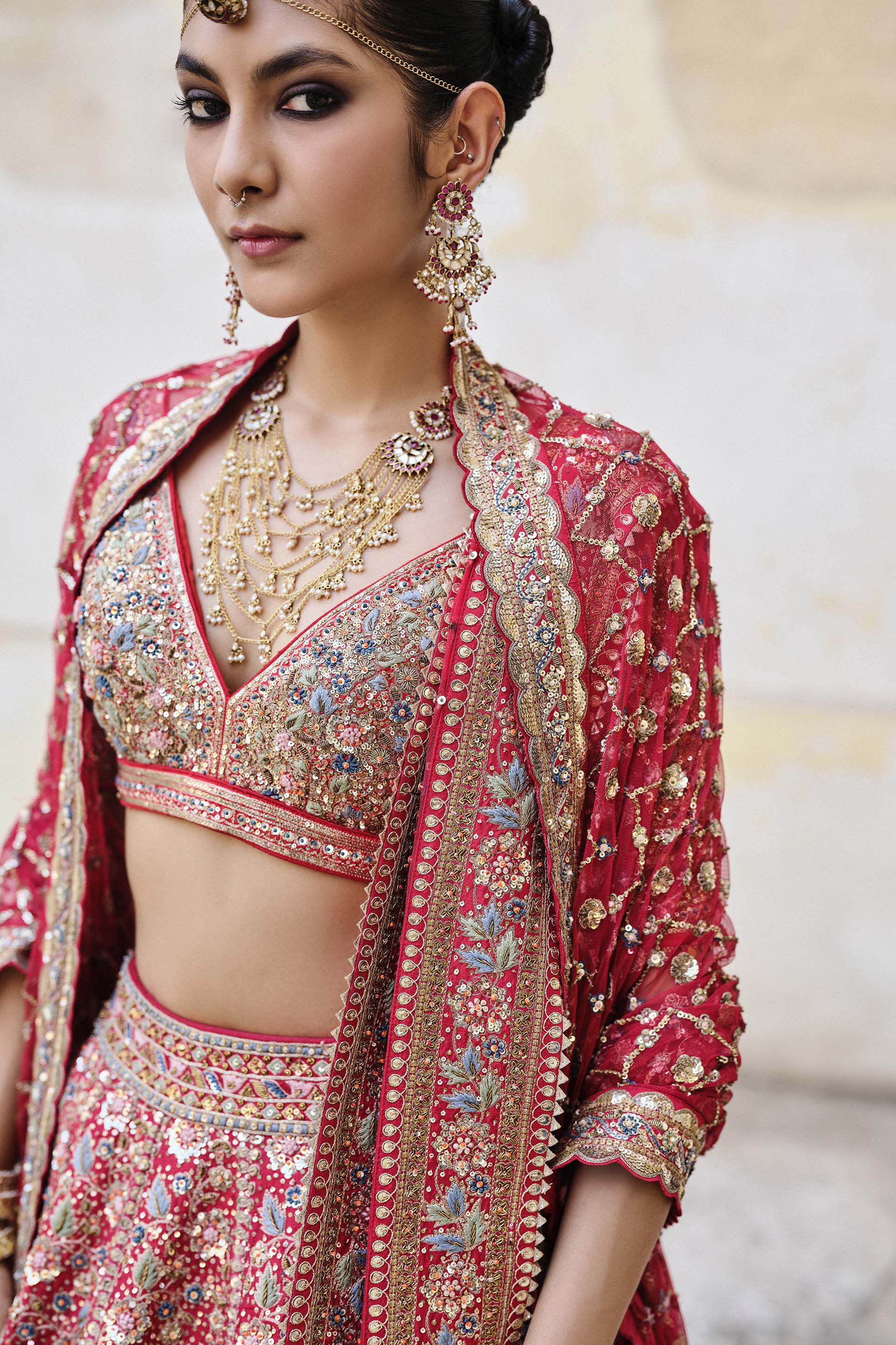 Indian Red Zardozi Embroidered Silk Bridal Lehenga (3-Piece) - Image 5