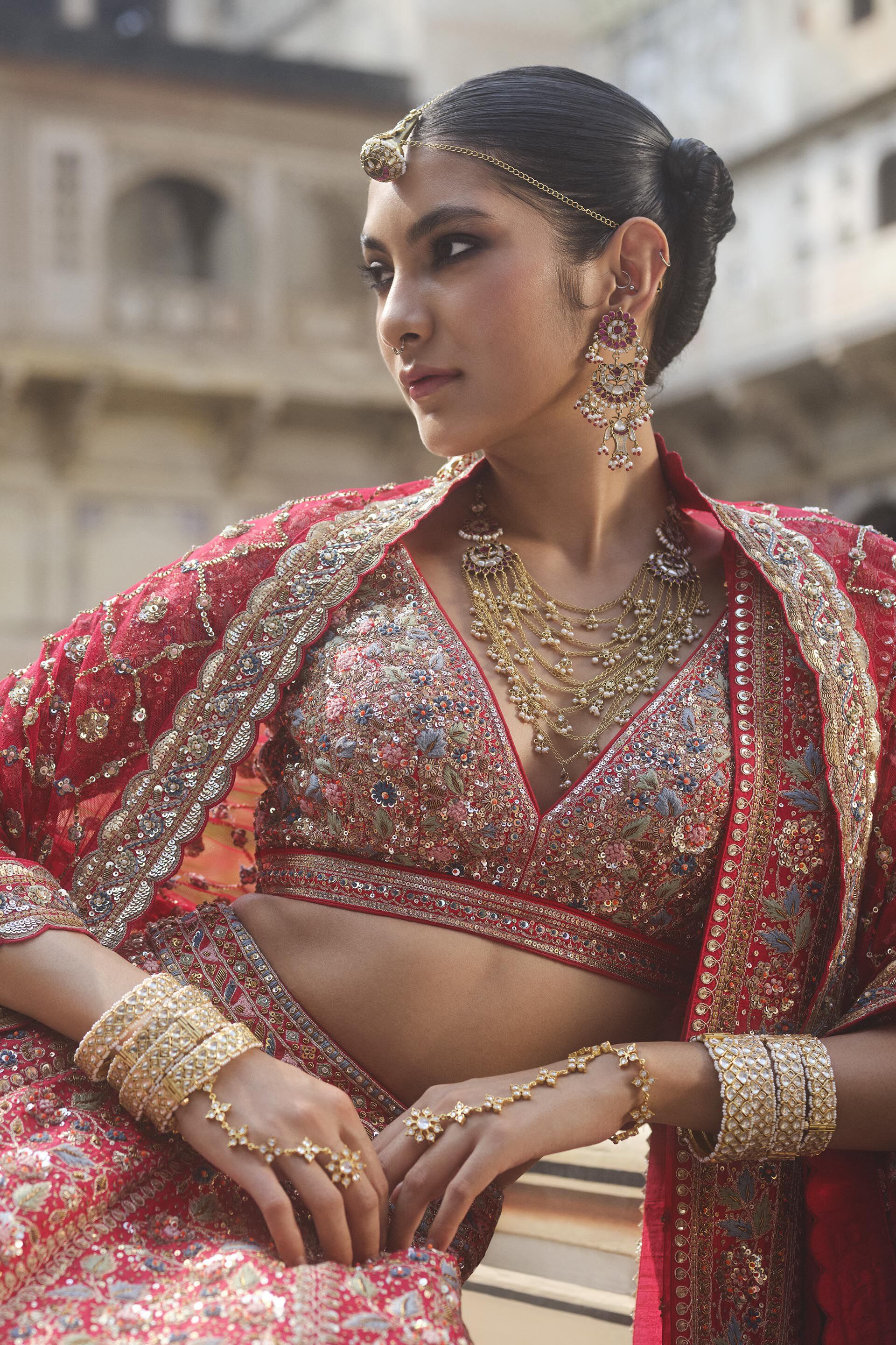 Indian Red Zardozi Embroidered Silk Bridal Lehenga (3-Piece) - Image 6