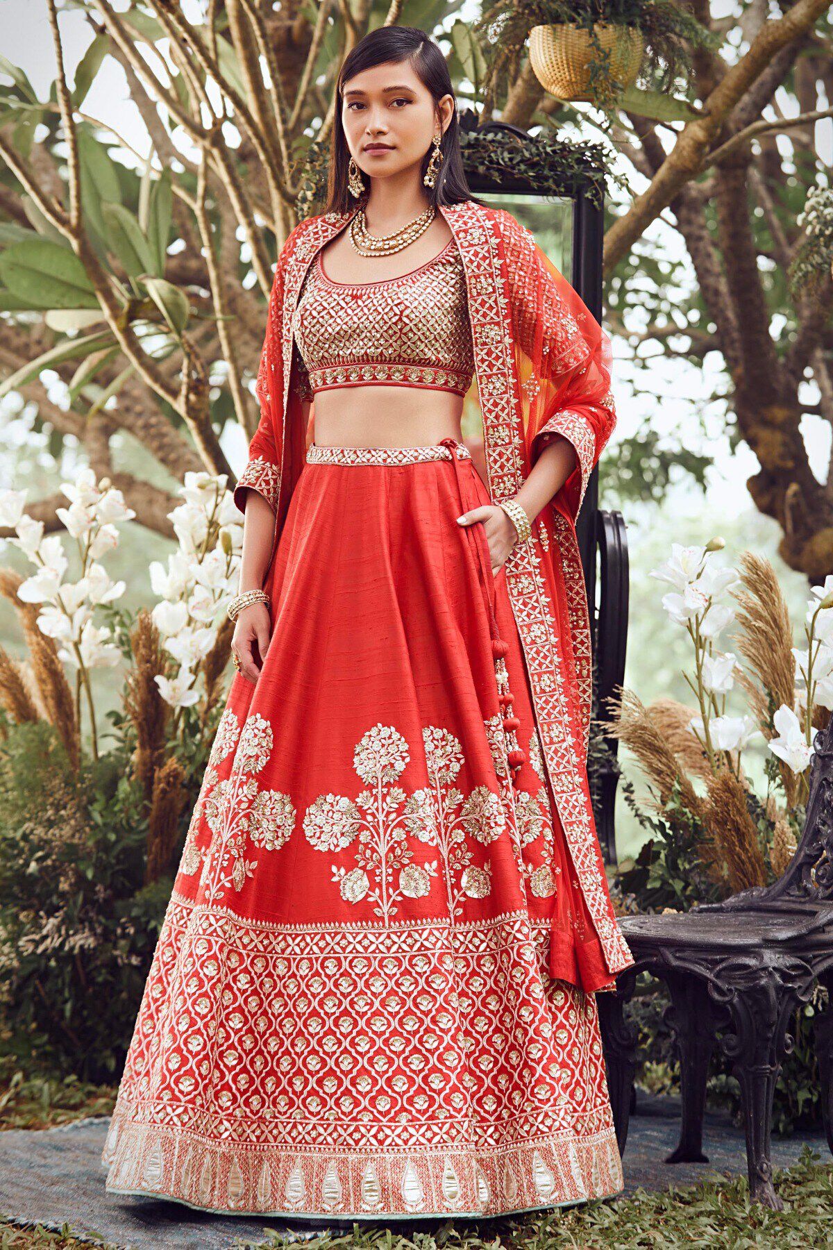 Garnet Red Gota Patti Zardozi Silk Lehenga (3-Piece) - Image 1