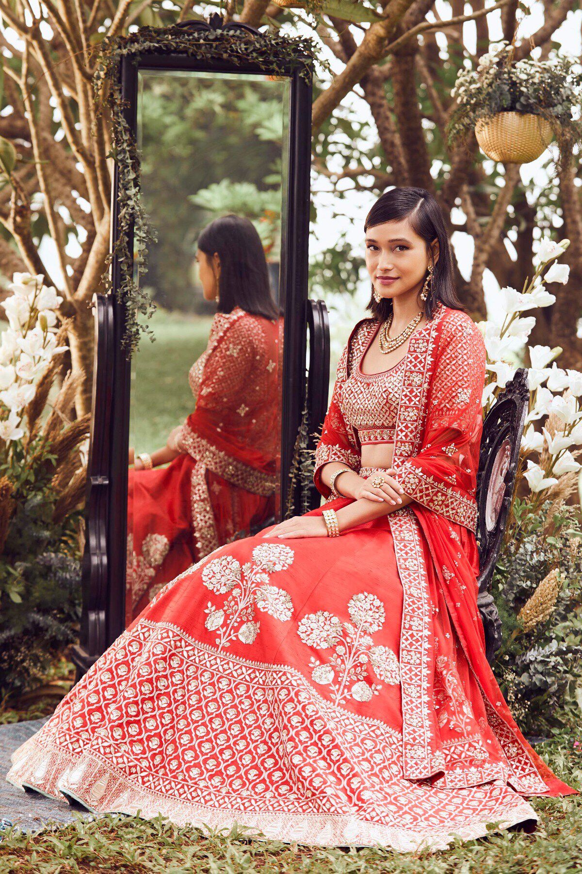 Garnet Red Gota Patti Zardozi Silk Lehenga (3-Piece) - Image 3