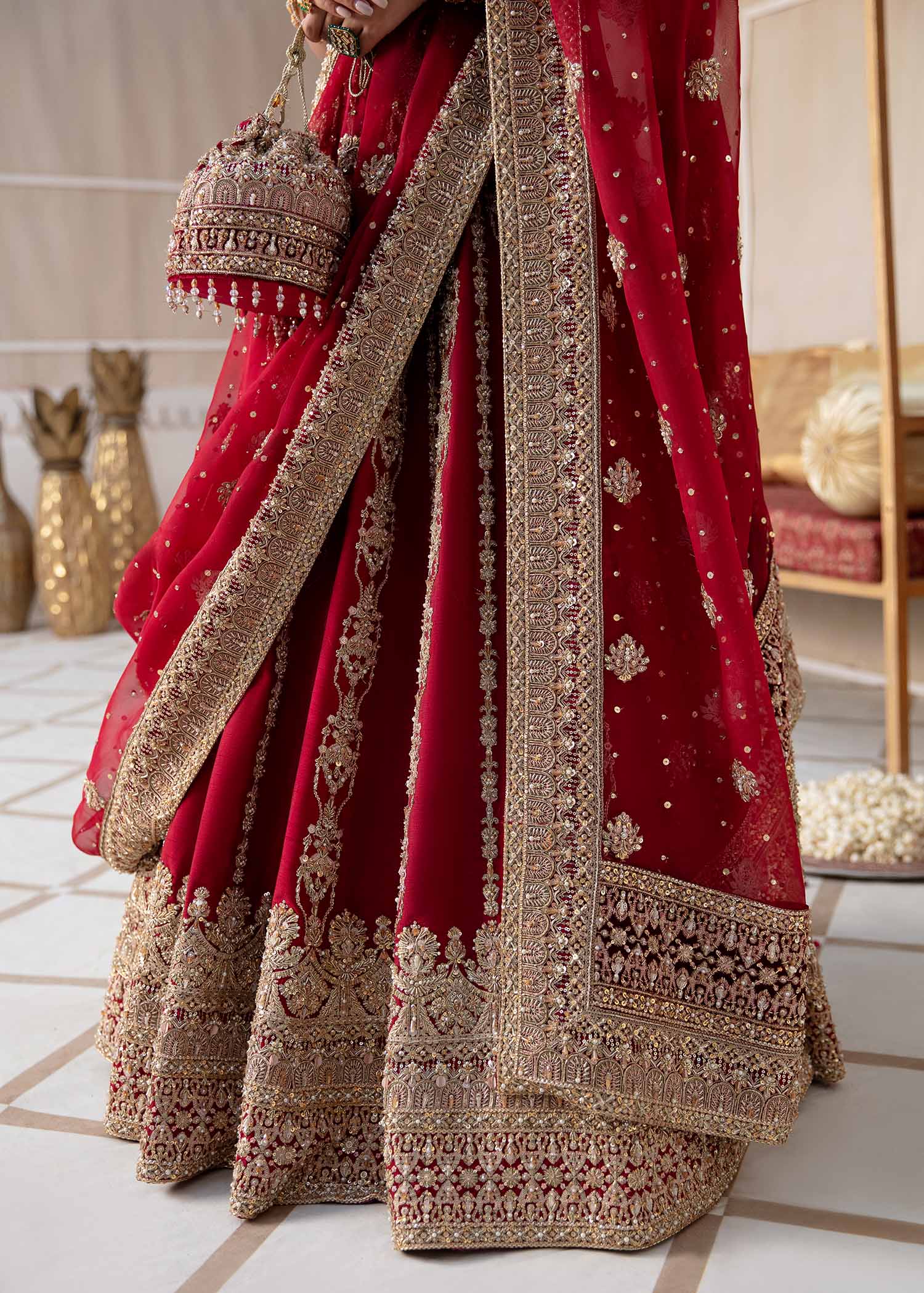 Red Zardozi Silk Lehenga Choli (3-Piece) - Image 3