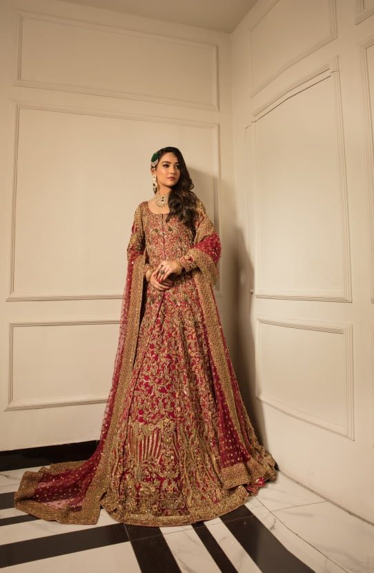 Pakistani Red Zardozi Silk Bridal Gown with Lehenga (3-Piece) - Image 2