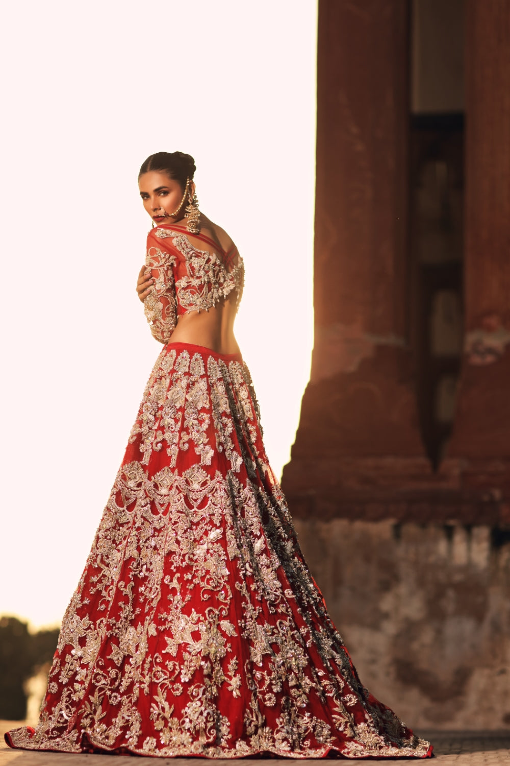 Poppy Red Zardozi Silk Bridal Lehenga (3-Piece) - Image 5