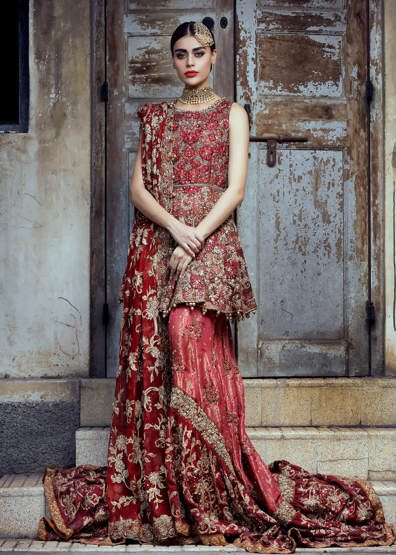 Deep Red Zardozi Silk Bridal Peplum Lehenga (3-Piece) - Image 1