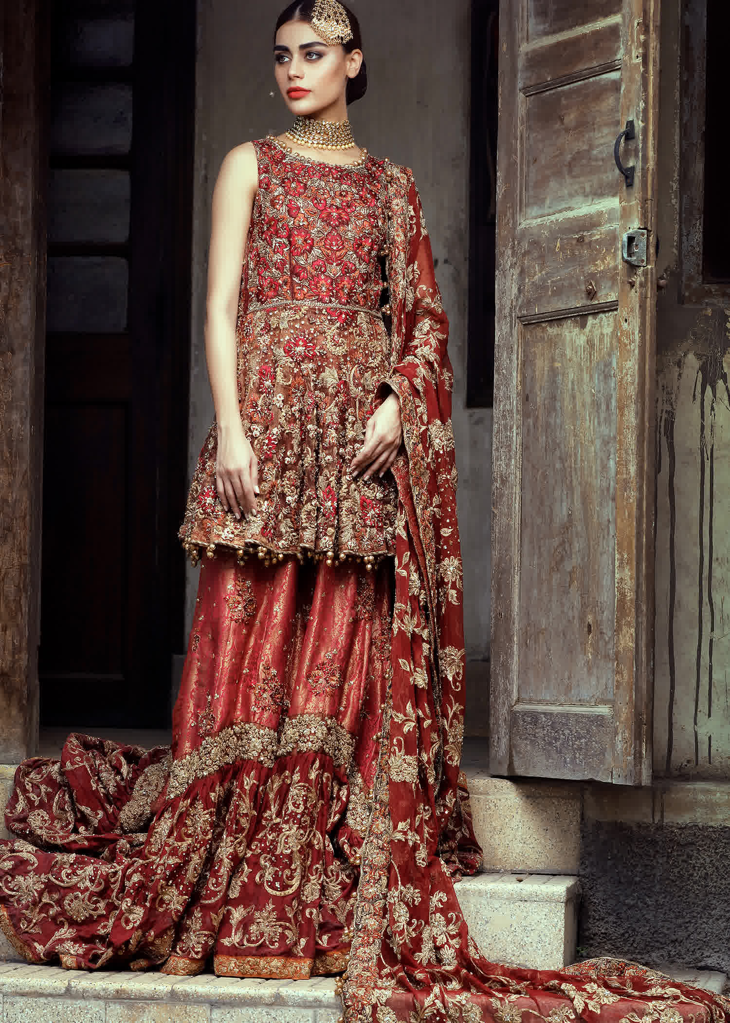 Deep Red Zardozi Silk Bridal Peplum Lehenga (3-Piece) - Image 2
