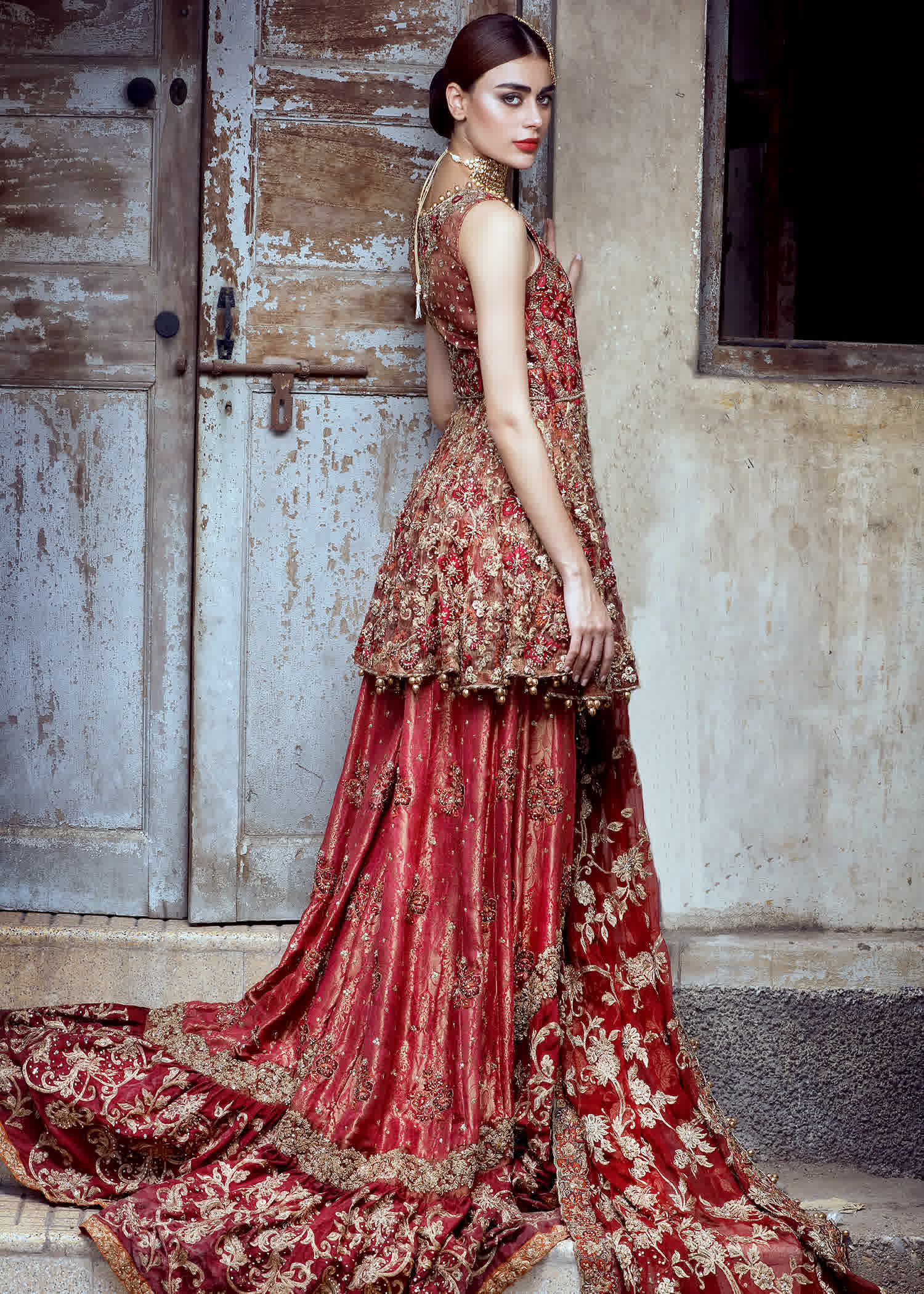 Deep Red Zardozi Silk Bridal Peplum Lehenga (3-Piece) - Image 3