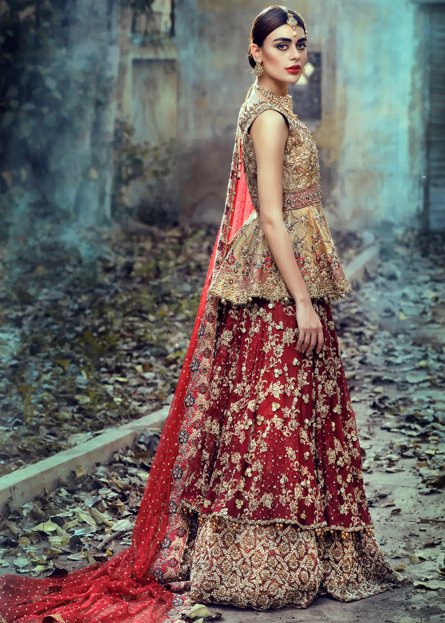 Pakistani Deep Red Gold Embroidered Silk Bridal Lehenga (3-Piece) - Image 1