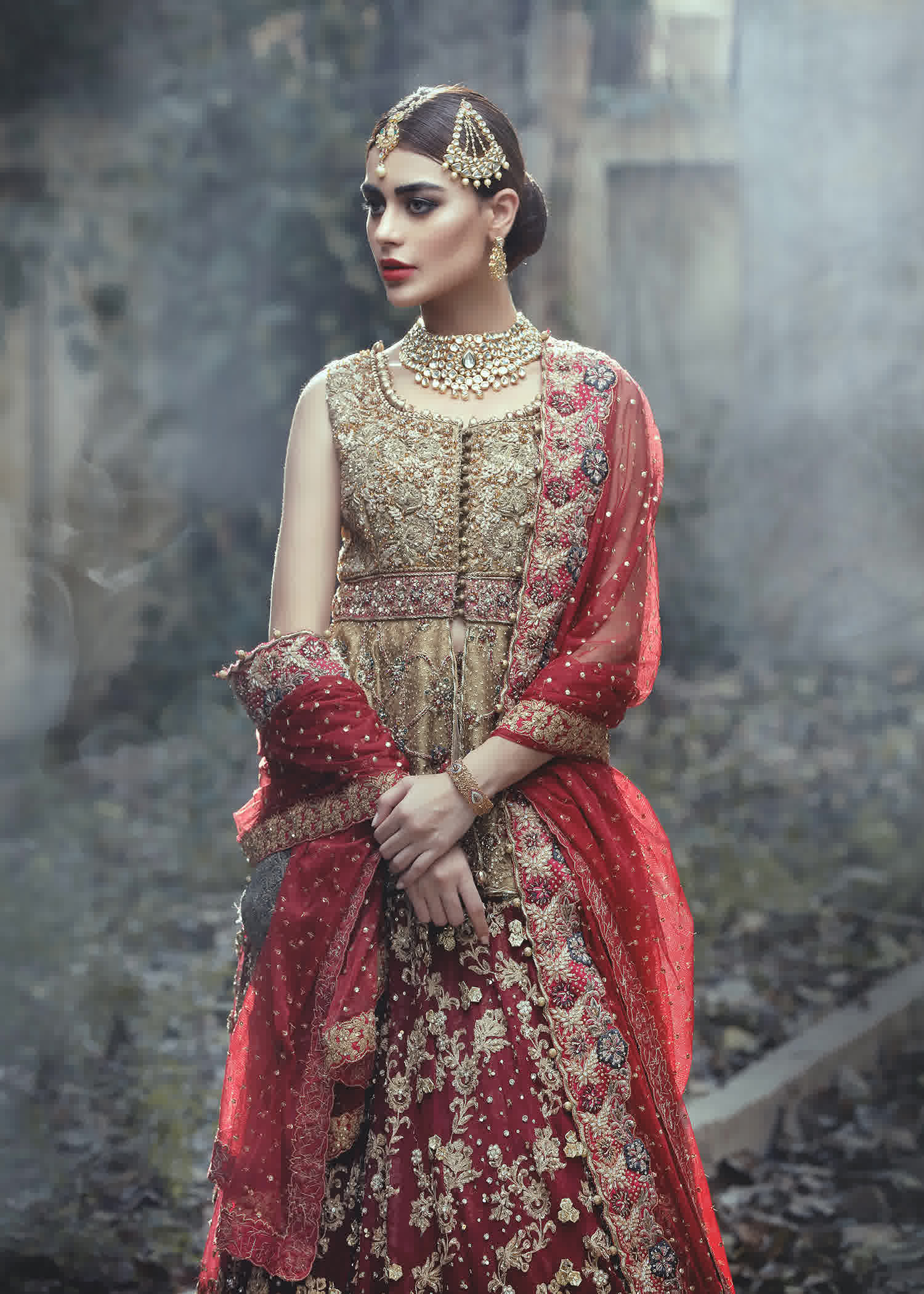 Pakistani Deep Red Gold Embroidered Silk Bridal Lehenga (3-Piece) - Image 2