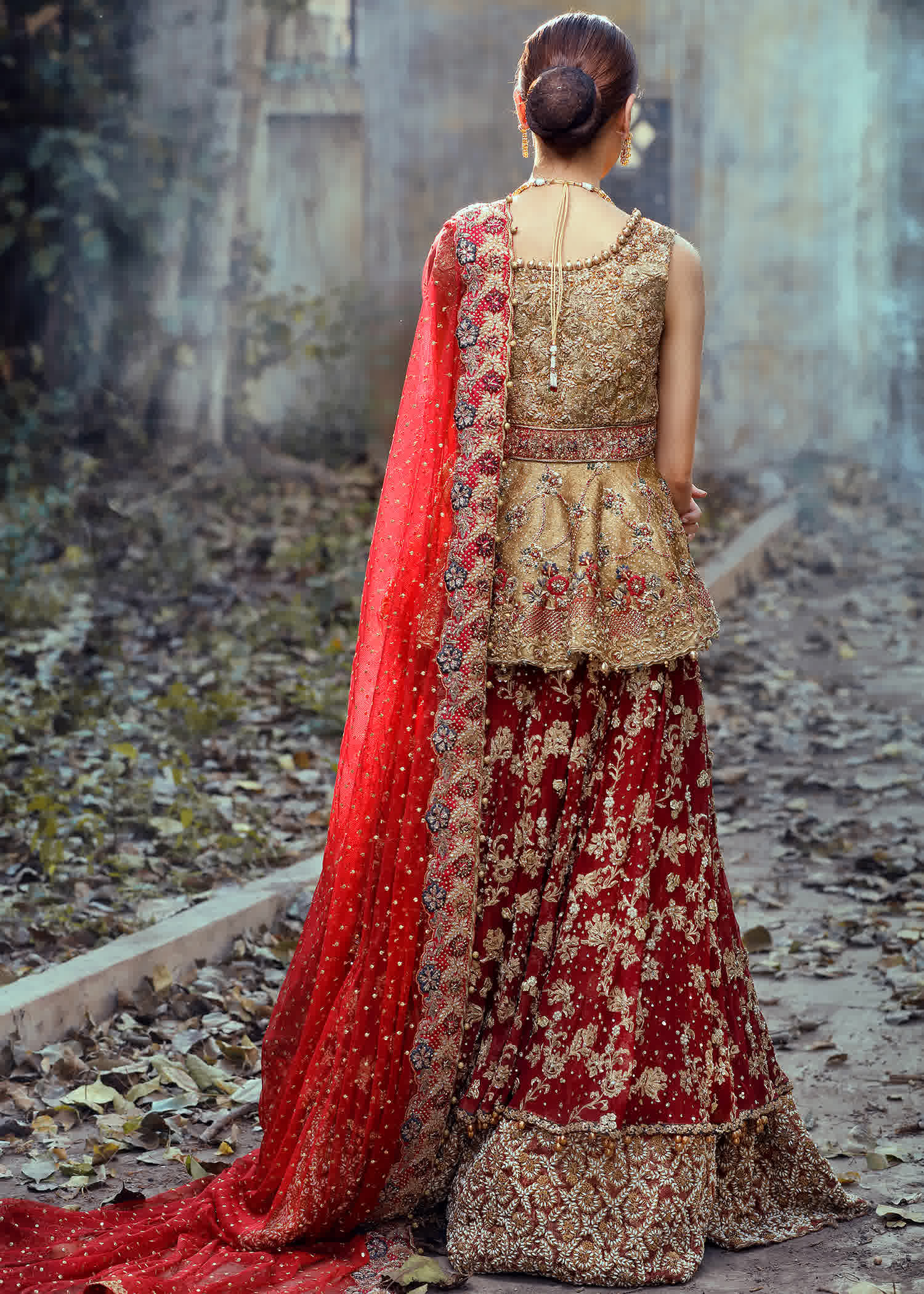 Pakistani Deep Red Gold Embroidered Silk Bridal Lehenga (3-Piece) - Image 3
