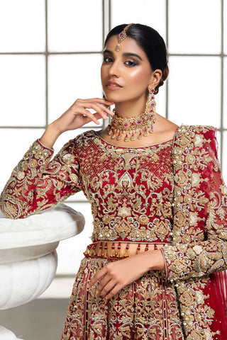 Pakistani Red Hand-Embellished Silk Bridal Lehenga (3-Piece) - Image 4