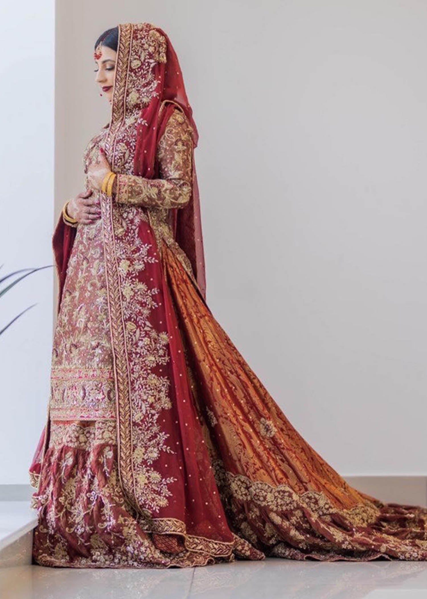 Deep Red Gold Embroidered Silk Bridal Lehenga (3-Piece) - Image 1