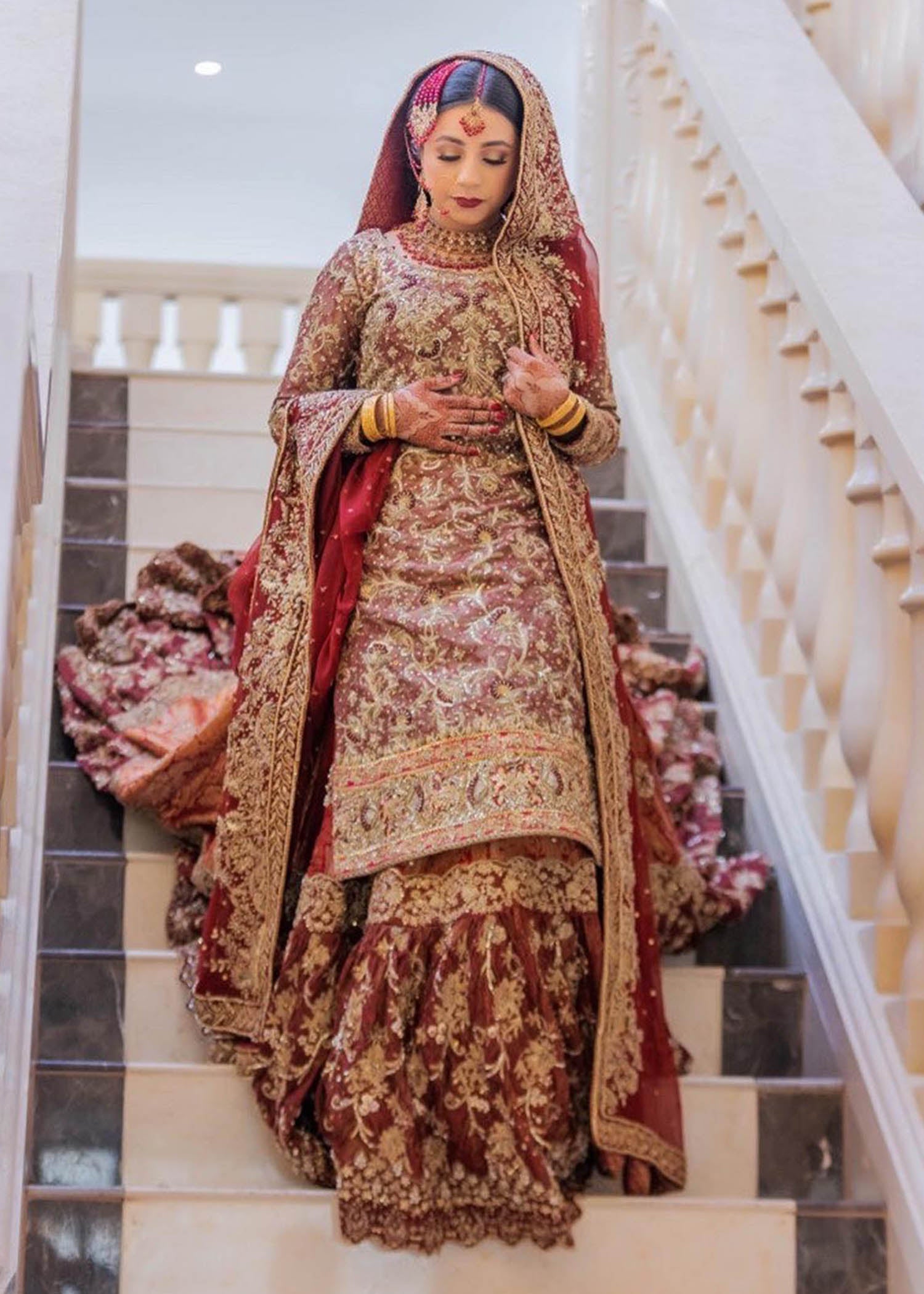 Deep Red Gold Embroidered Silk Bridal Lehenga (3-Piece) - Image 2