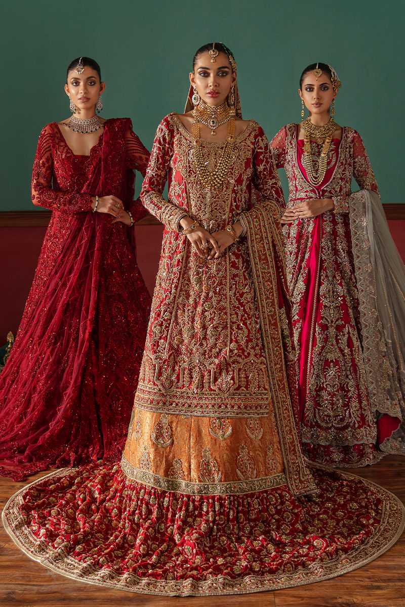 Pakistani Red & Burnt Orange Embroidered Silk Bridal Lehenga (3-Piece) - Image 1