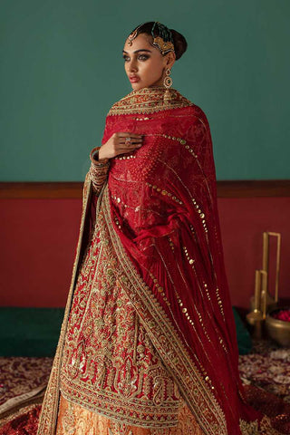Pakistani Red & Burnt Orange Embroidered Silk Bridal Lehenga (3-Piece) - Image 2