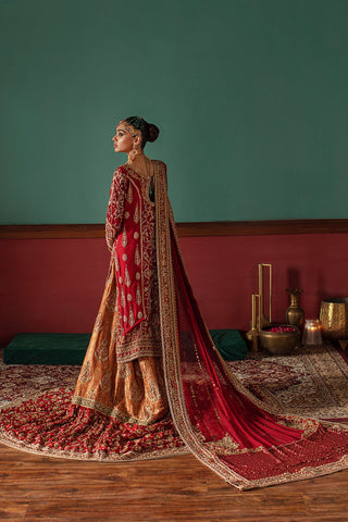 Pakistani Red & Burnt Orange Embroidered Silk Bridal Lehenga (3-Piece) - Image 3
