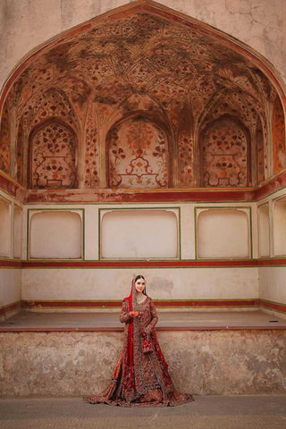 Deep Red Zardozi Silk Bridal Lehenga (3-Piece) - Image 2