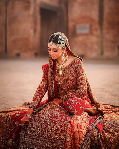 Deep Red Zardozi Silk Bridal Lehenga (3-Piece) - Image 5