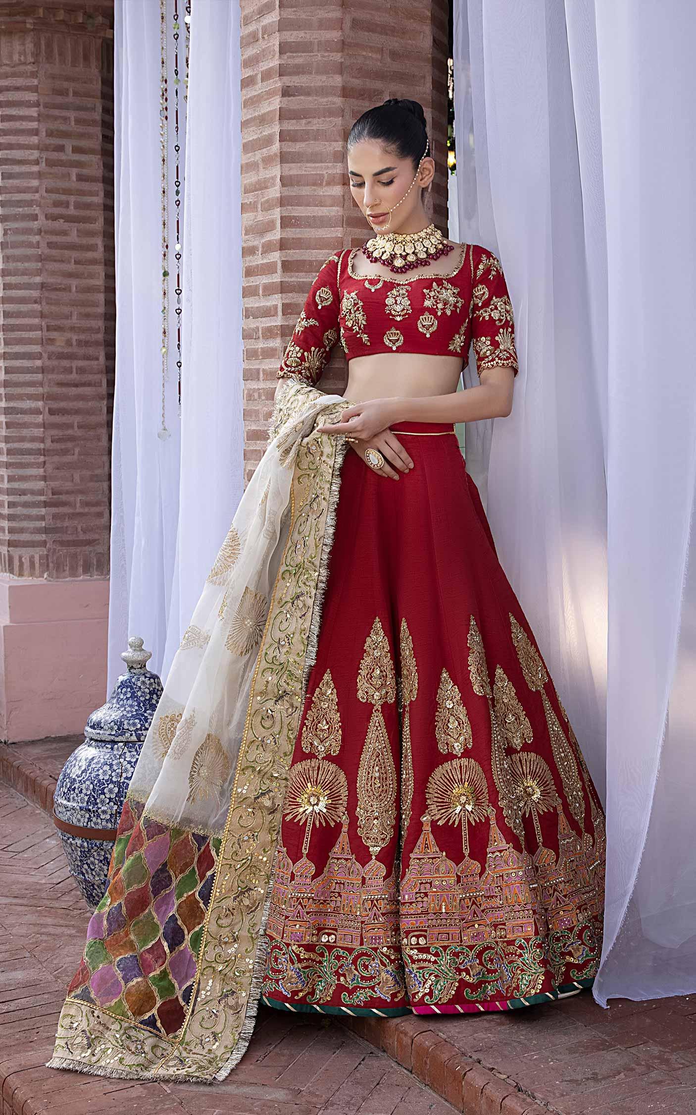Pakistani Vermilion Red Zardozi Silk Lehenga Choli (3-Piece) - Image 1