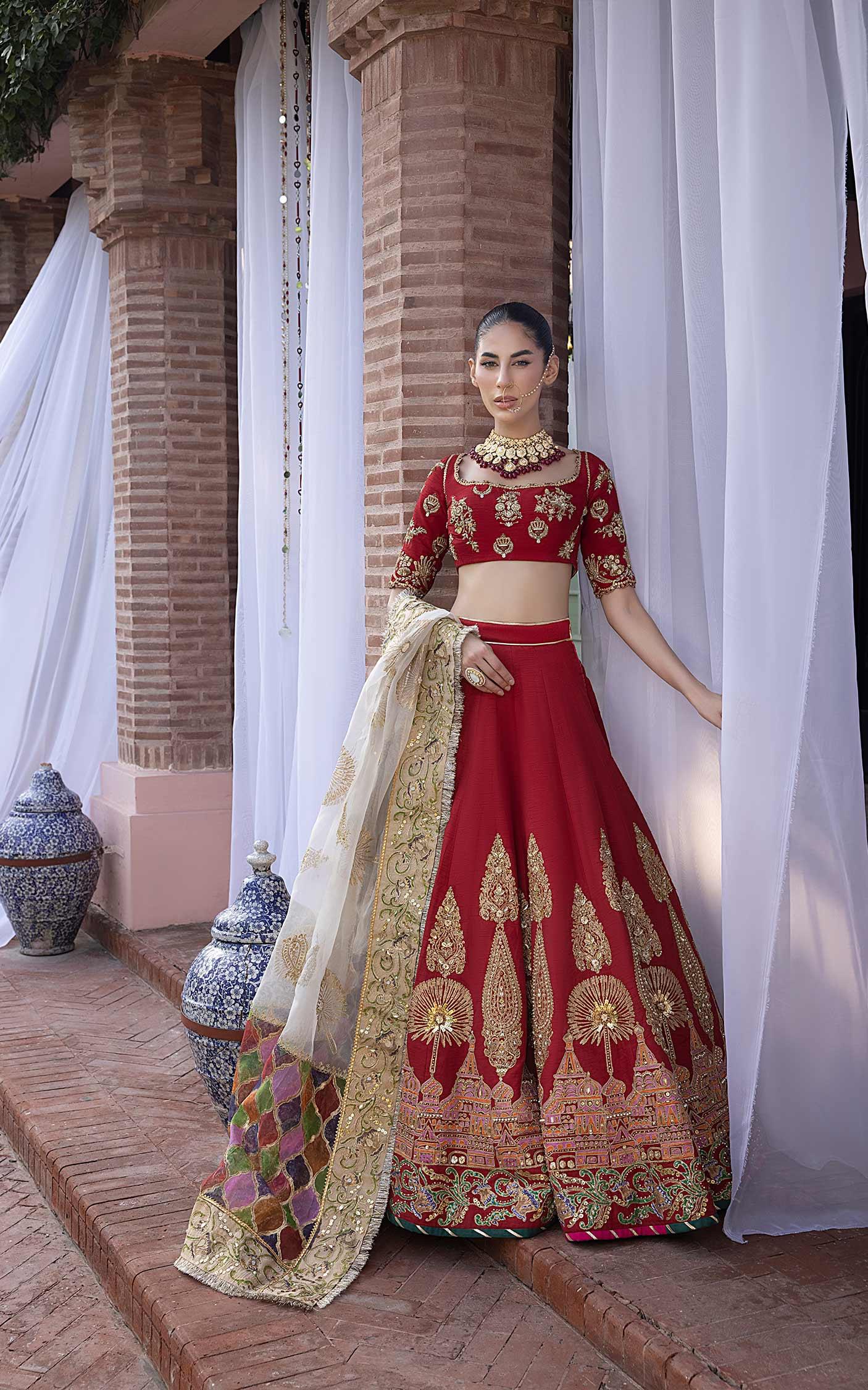 Pakistani Vermilion Red Zardozi Silk Lehenga Choli (3-Piece) - Image 2