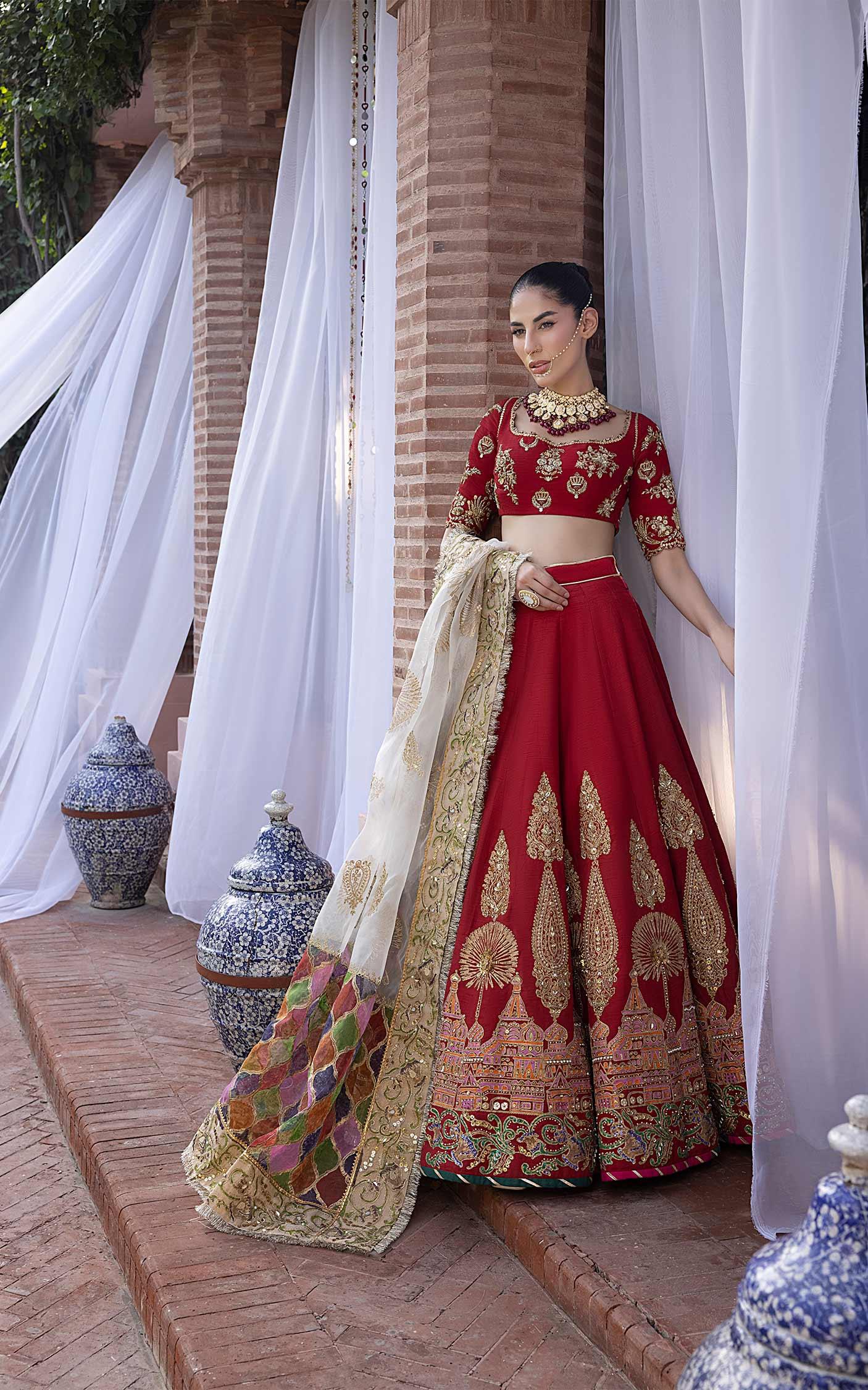 Pakistani Vermilion Red Zardozi Silk Lehenga Choli (3-Piece) - Image 3