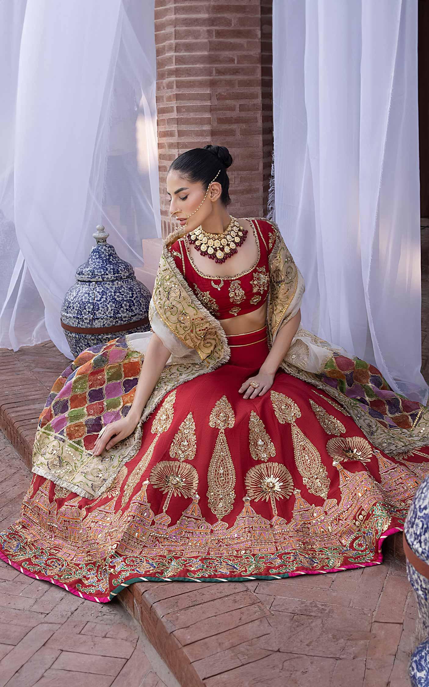 Pakistani Vermilion Red Zardozi Silk Lehenga Choli (3-Piece) - Image 4