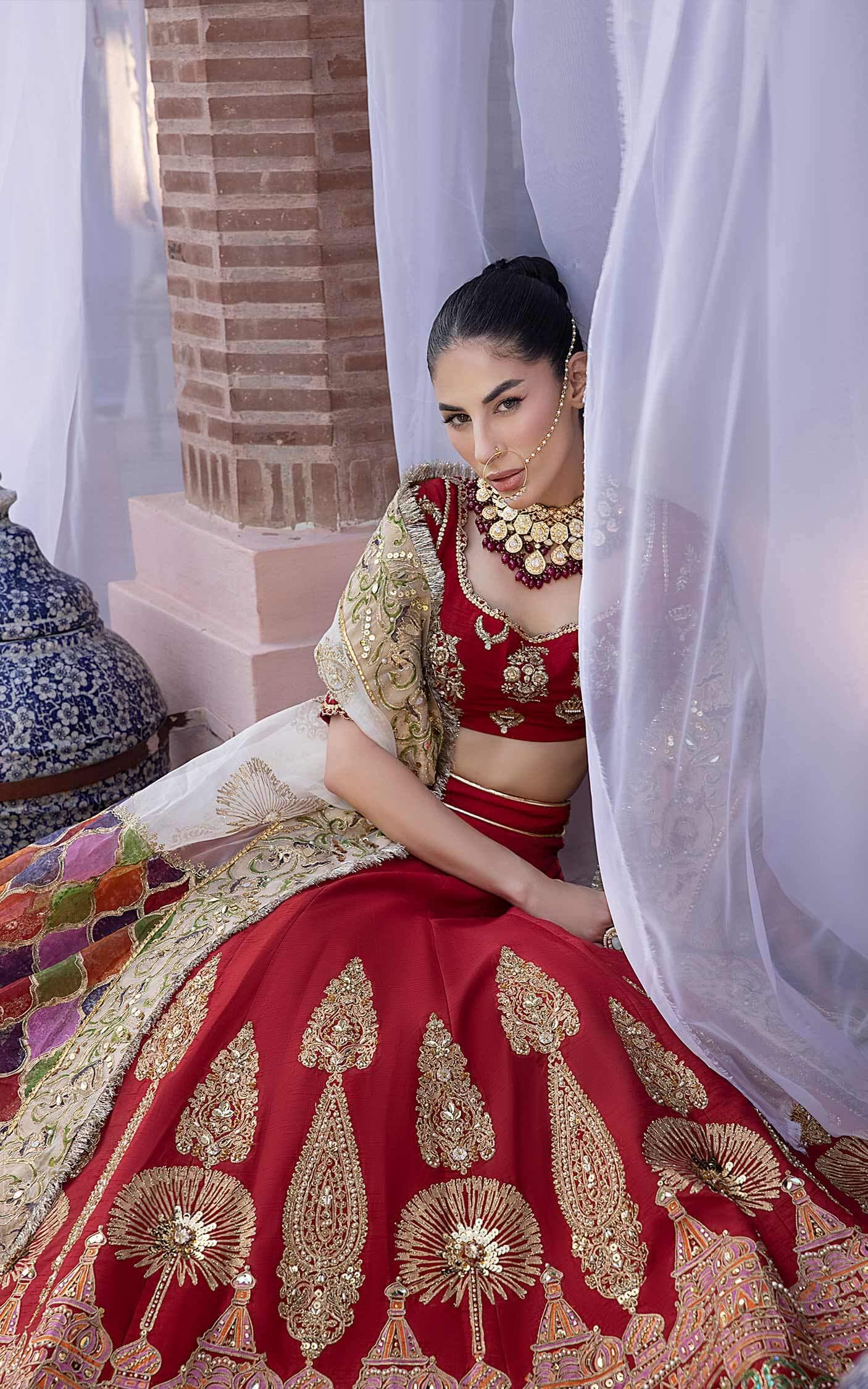 Pakistani Vermilion Red Zardozi Silk Lehenga Choli (3-Piece) - Image 5