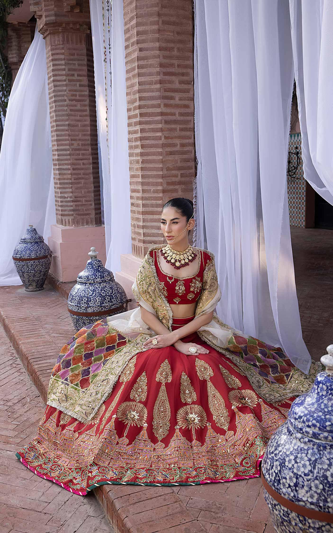 Pakistani Vermilion Red Zardozi Silk Lehenga Choli (3-Piece) - Image 6
