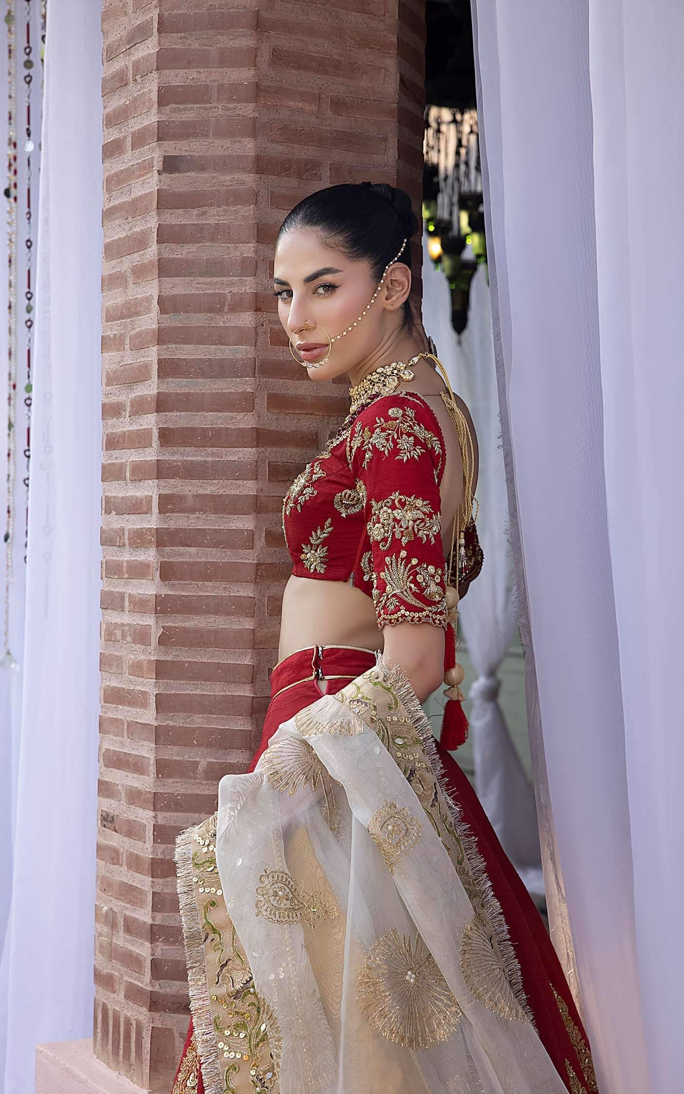 Pakistani Vermilion Red Zardozi Silk Lehenga Choli (3-Piece) - Image 7