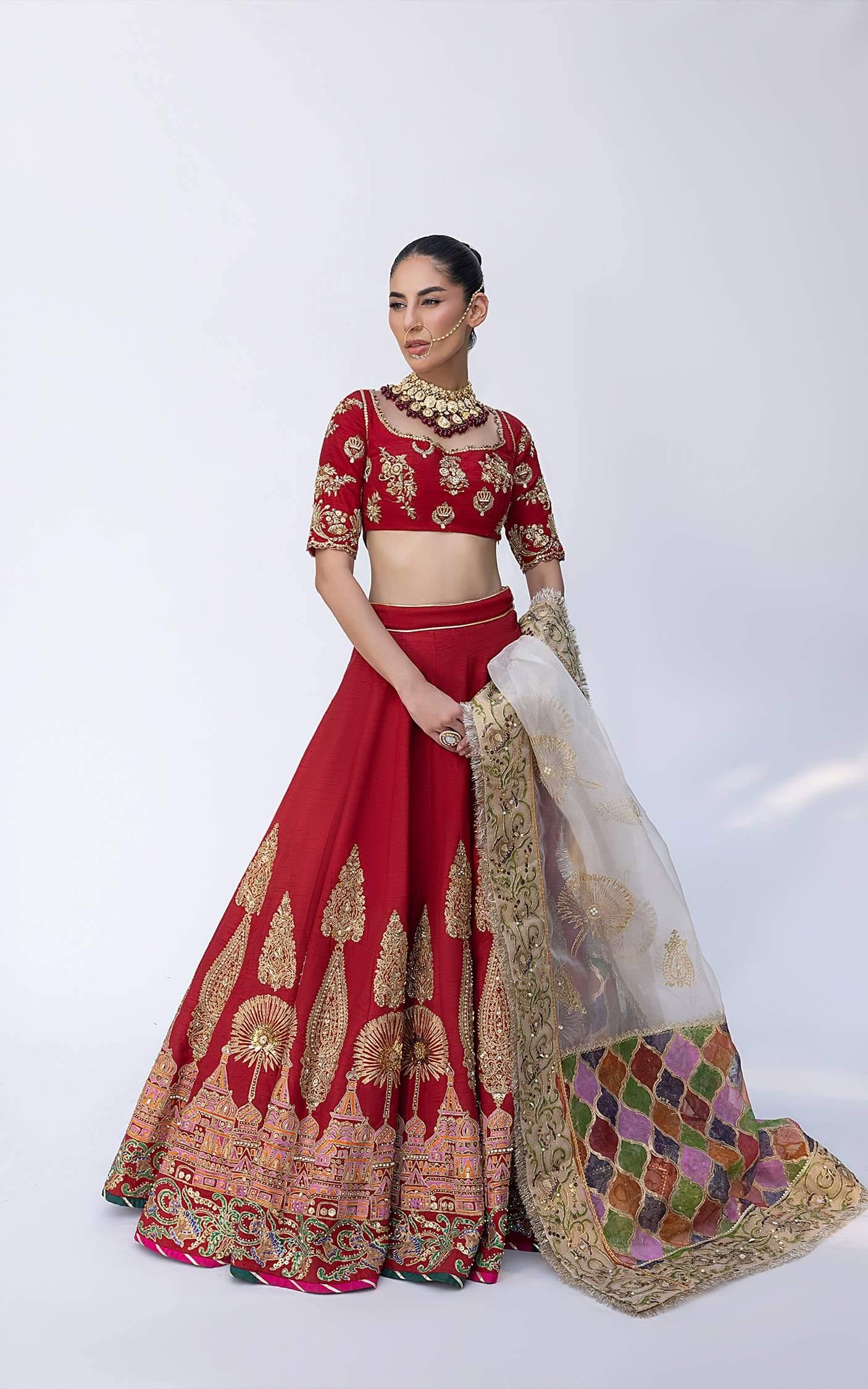 Pakistani Vermilion Red Zardozi Silk Lehenga Choli (3-Piece) - Image 8