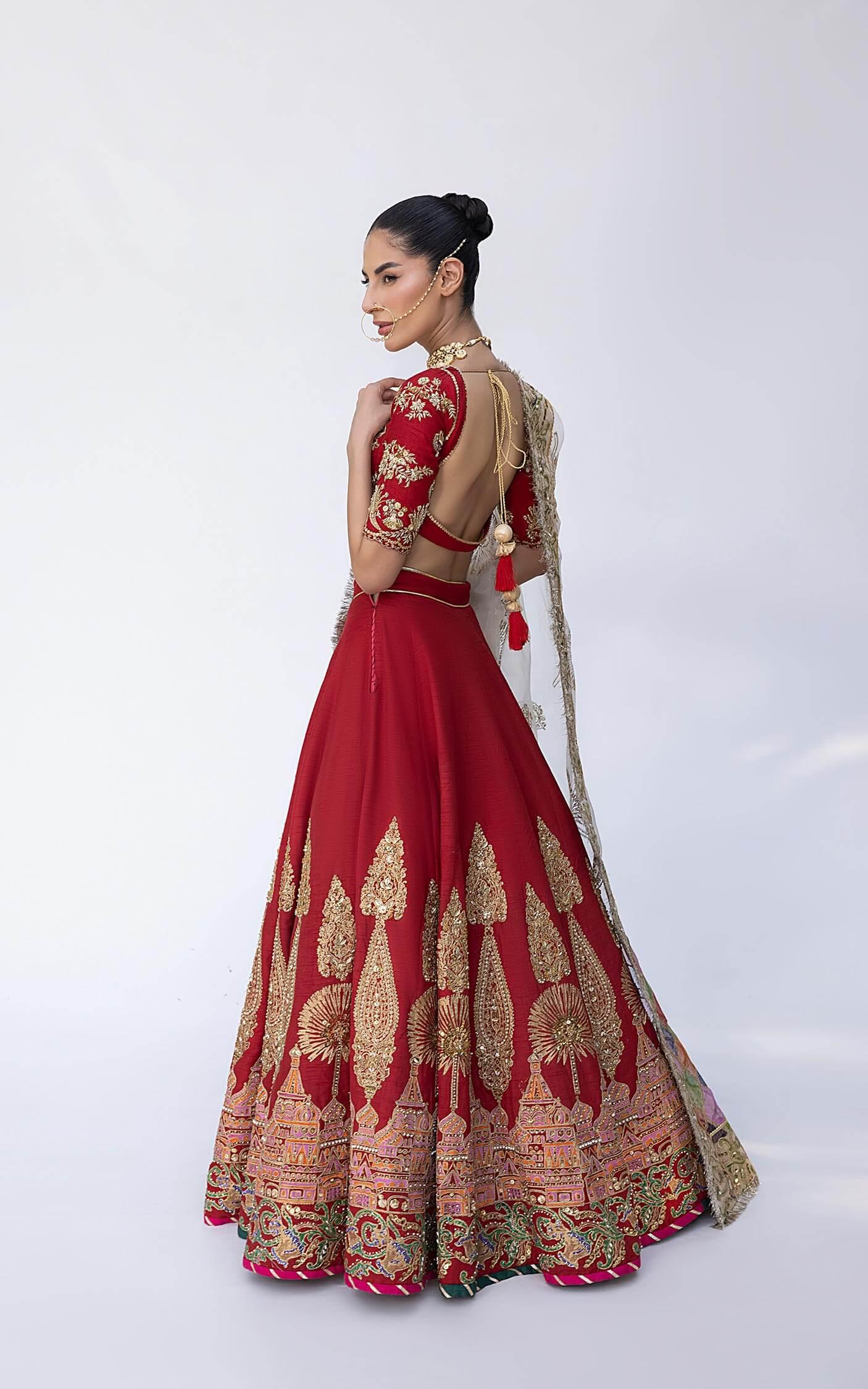 Pakistani Vermilion Red Zardozi Silk Lehenga Choli (3-Piece) - Image 9