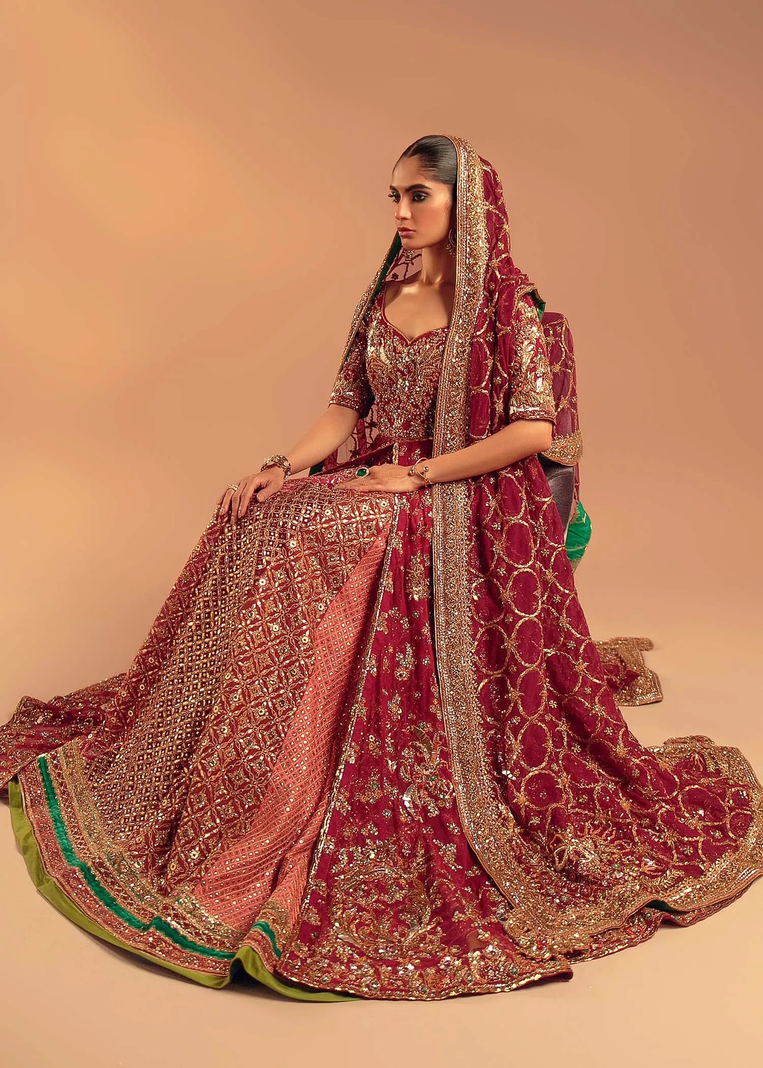 Pakistani Deep Berry Red Zardozi Silk Bridal Lehenga (3-Piece) - Image 2