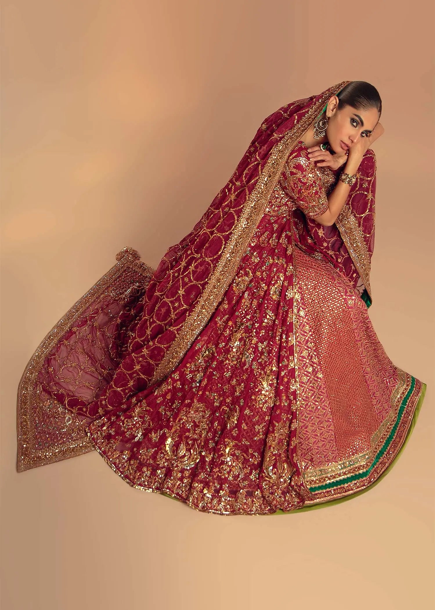 Pakistani Deep Berry Red Zardozi Silk Bridal Lehenga (3-Piece) - Image 3